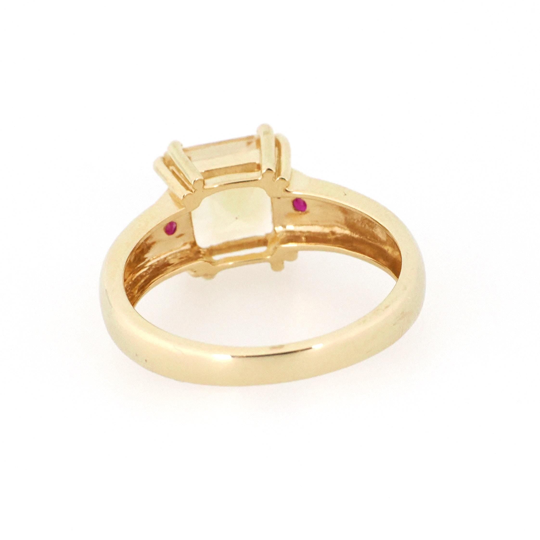 Modern Citrine Ring - Estate 14k Yellow Gold Natural Square Citrine & Created Ruby Gemstones - Circa 2000s Era Size 6 Fine November Jewelry