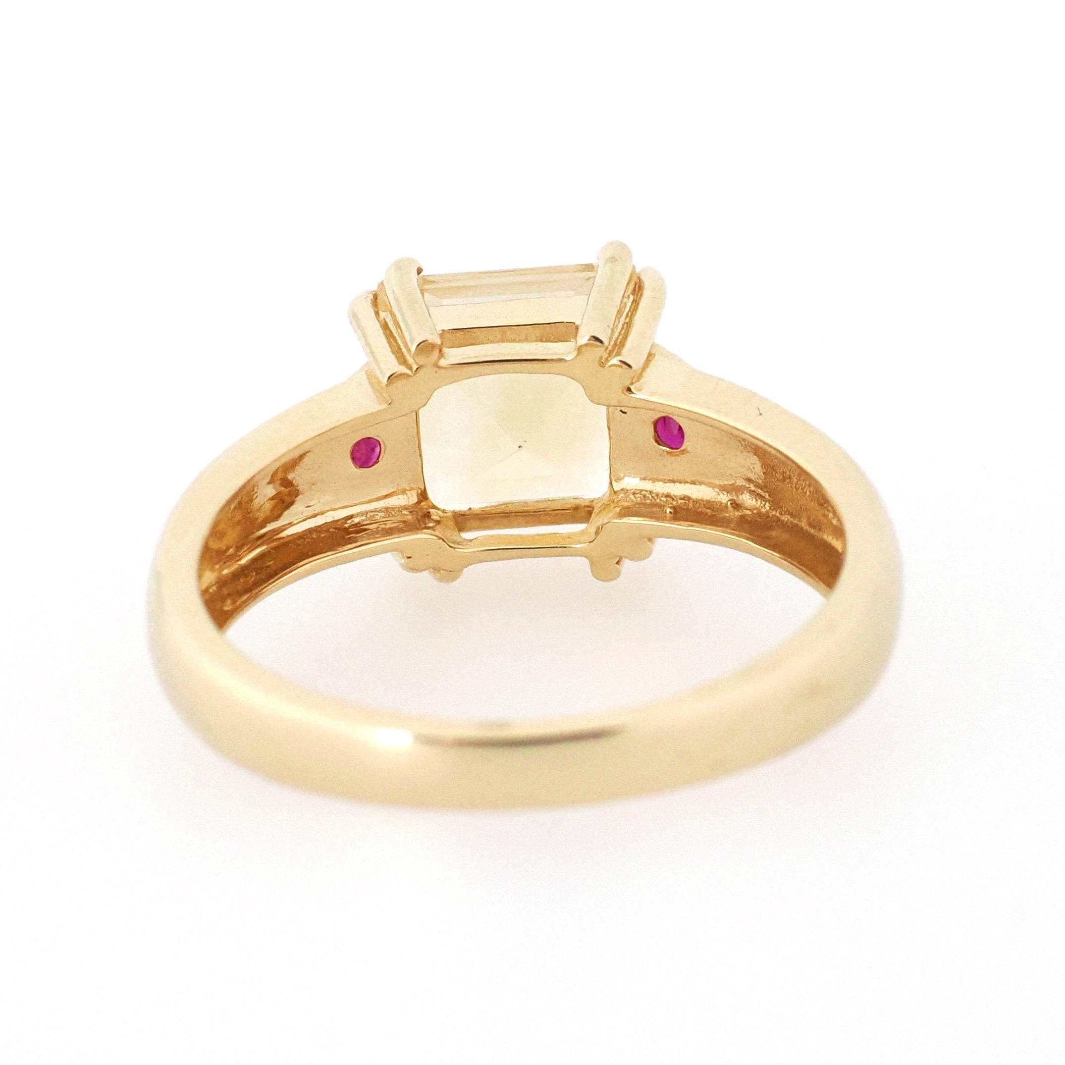 Modern Citrine Ring - Estate 14k Yellow Gold Natural Square Citrine & Created Ruby Gemstones - Circa 2000s Era Size 6 Fine November Jewelry