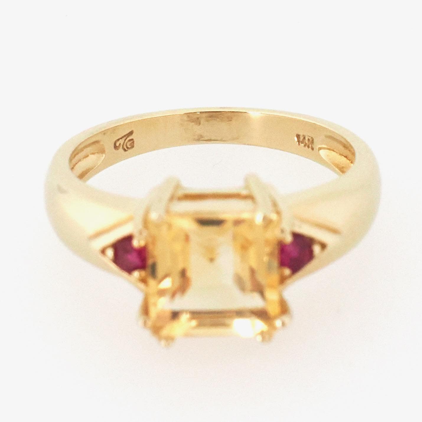 Modern Citrine Ring - Estate 14k Yellow Gold Natural Square Citrine & Created Ruby Gemstones - Circa 2000s Era Size 6 Fine November Jewelry