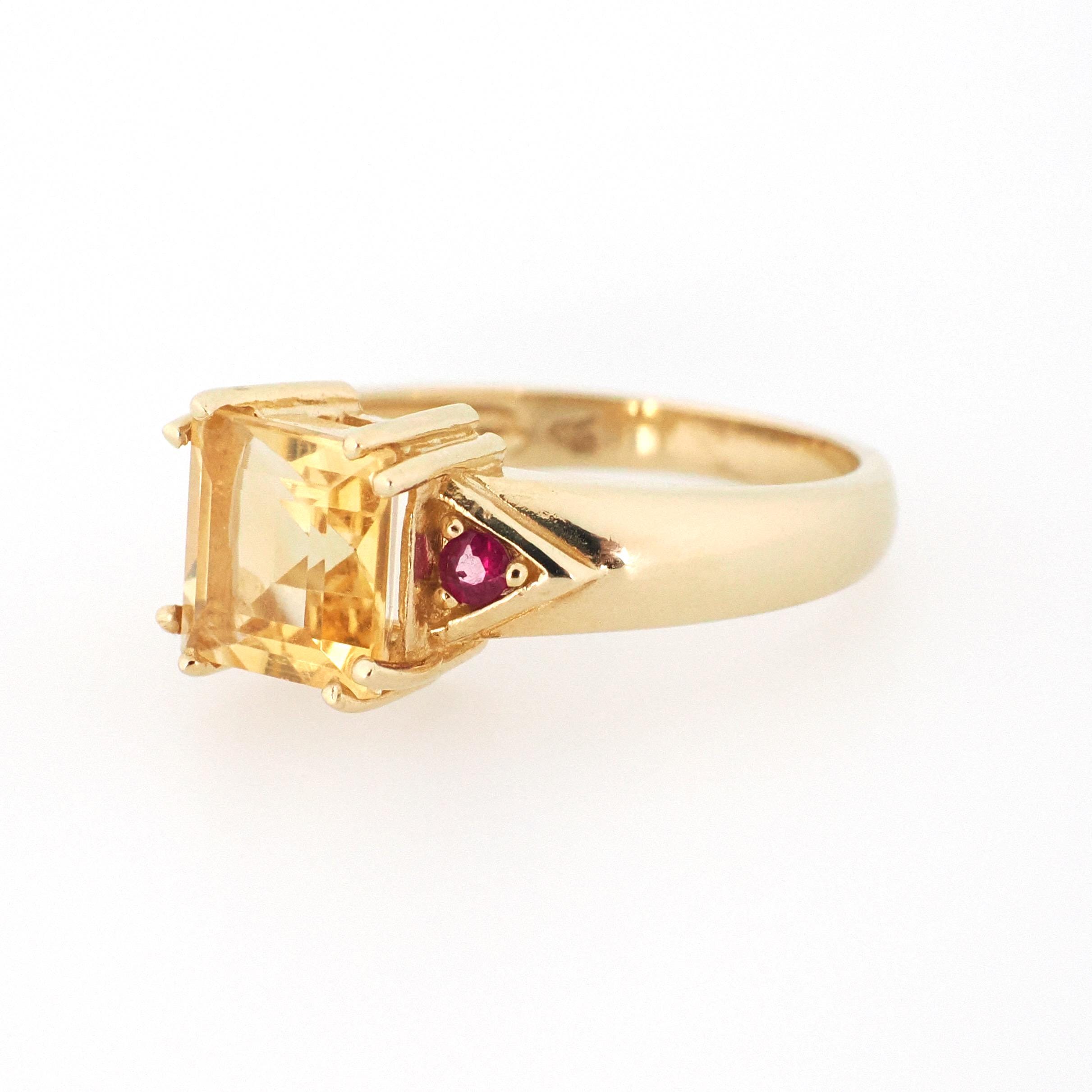 Modern Citrine Ring - Estate 14k Yellow Gold Natural Square Citrine & Created Ruby Gemstones - Circa 2000s Era Size 6 Fine November Jewelry