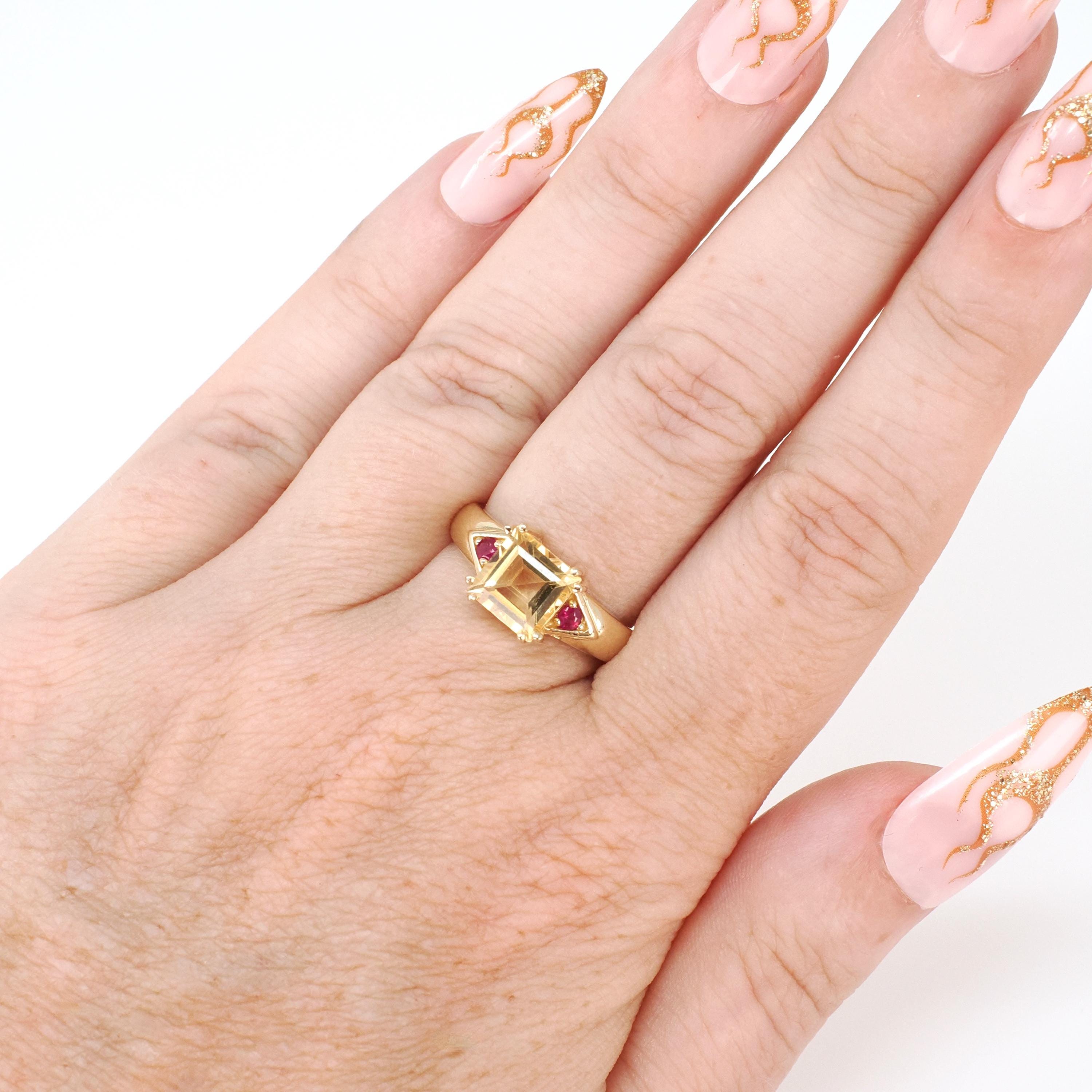 Modern Citrine Ring - Estate 14k Yellow Gold Natural Square Citrine & Created Ruby Gemstones - Circa 2000s Era Size 6 Fine November Jewelry