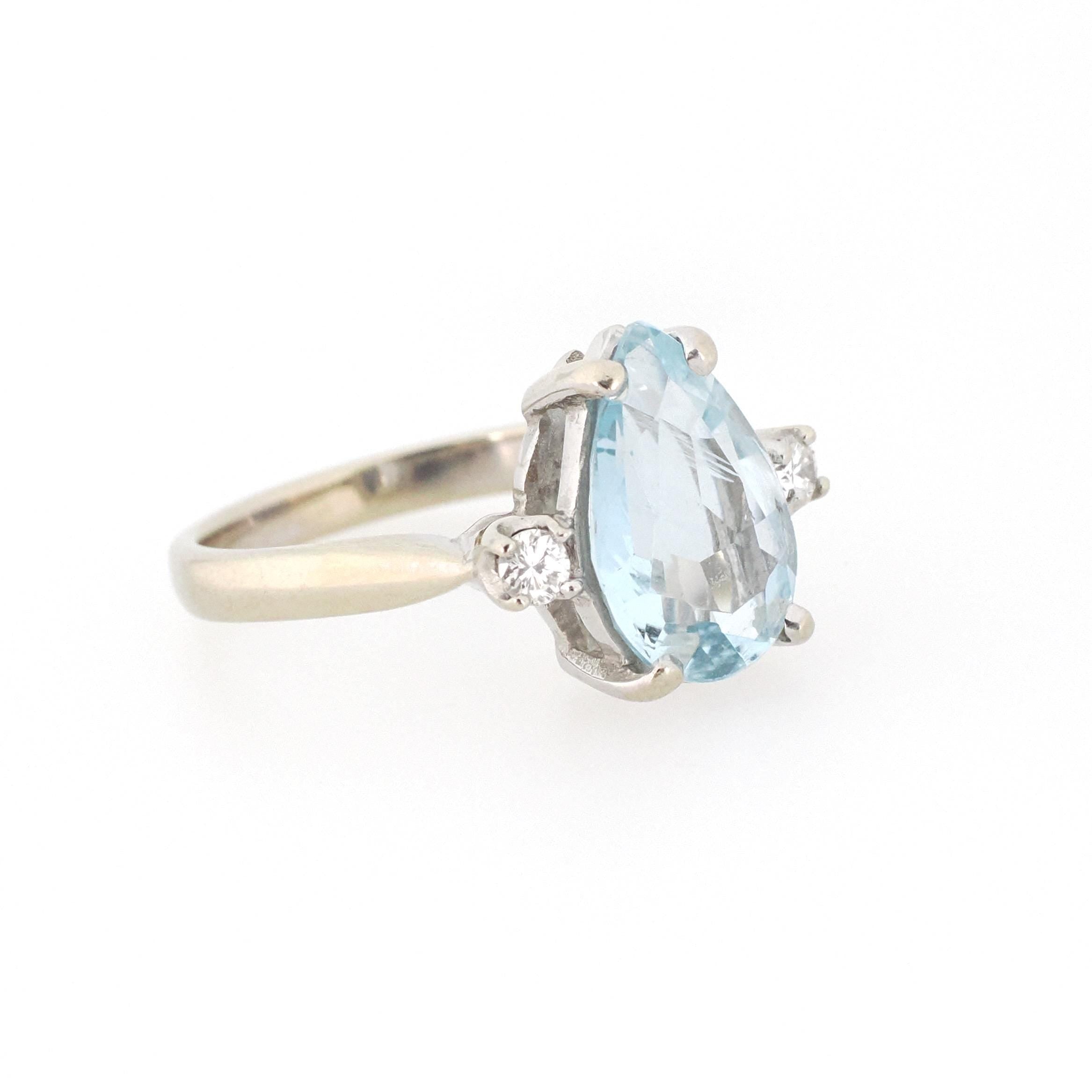 Mid Century Aquamarine Ring - Vintage 14k White Gold Natural 2.25 CT Blue Gem & Diamonds - Circa 1960s Size 6 Alternative Engagement Jewelry