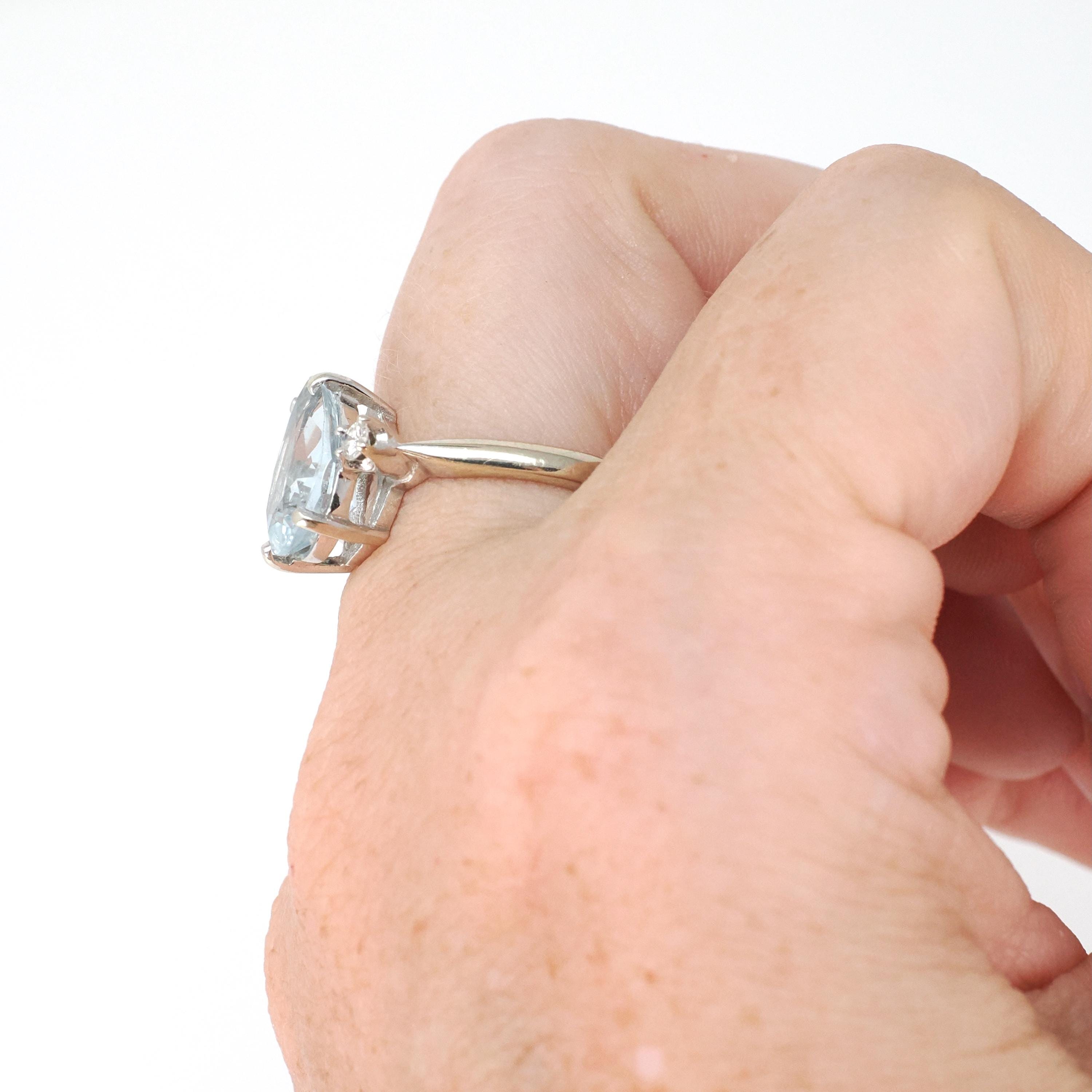 Mid Century Aquamarine Ring - Vintage 14k White Gold Natural 2.25 CT Blue Gem & Diamonds - Circa 1960s Size 6 Alternative Engagement Jewelry