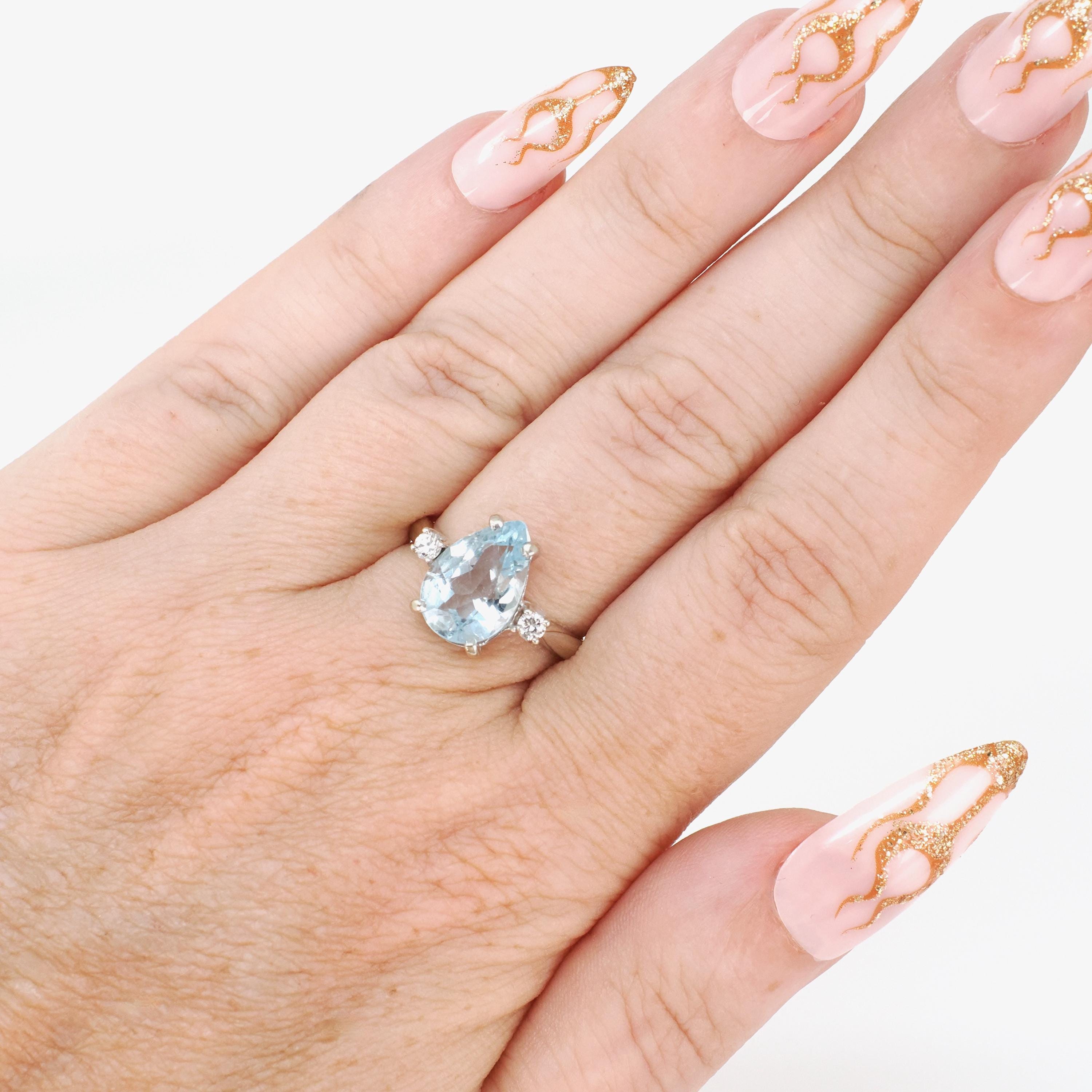 Mid Century Aquamarine Ring - Vintage 14k White Gold Natural 2.25 CT Blue Gem & Diamonds - Circa 1960s Size 6 Alternative Engagement Jewelry