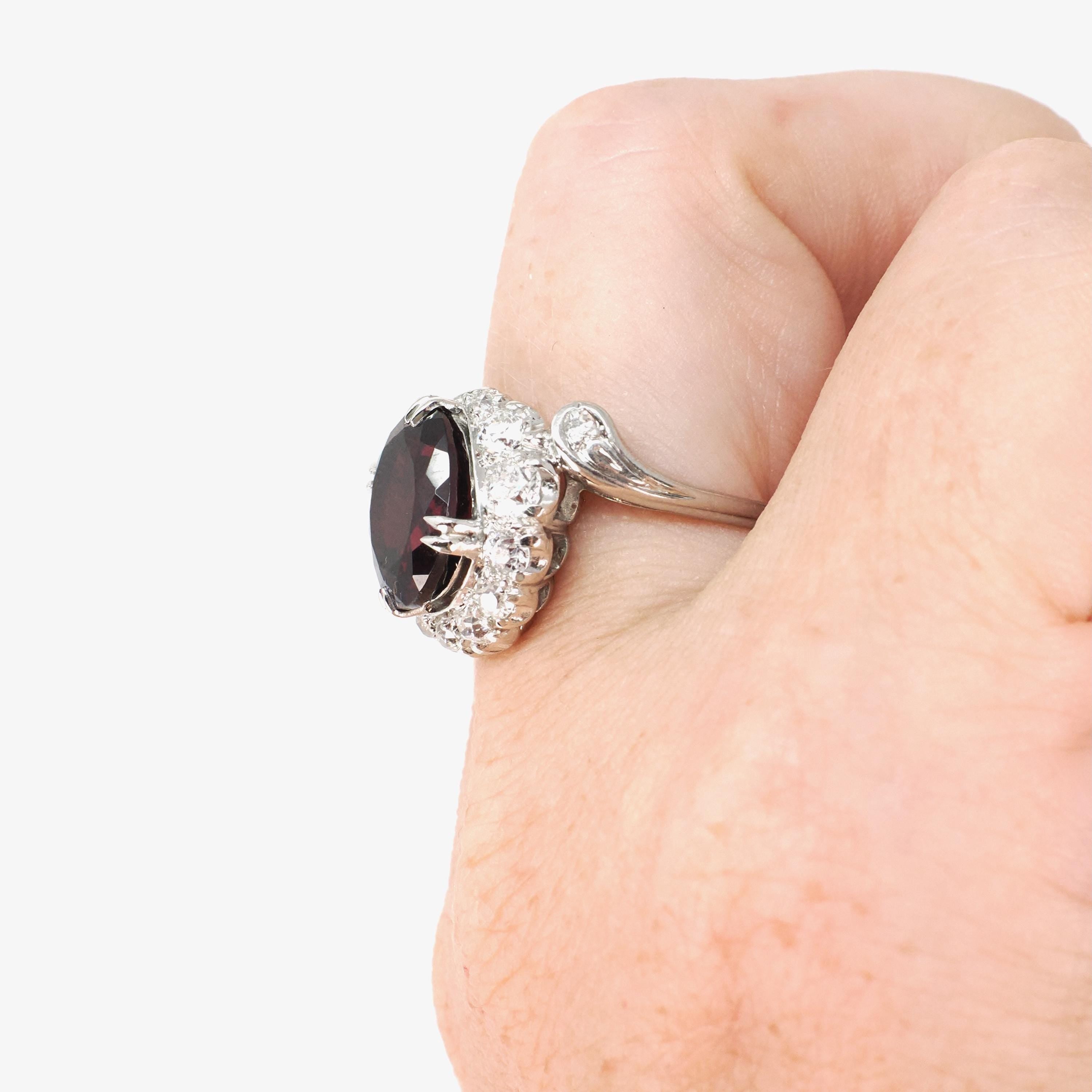Bypass Halo Ring - Mid Century Platinum 6.55 CT Natural Red Garnet .91 CTW Diamond Swirl Engagement - Circa 1950s Size 6 1/2 Fine Jewelry