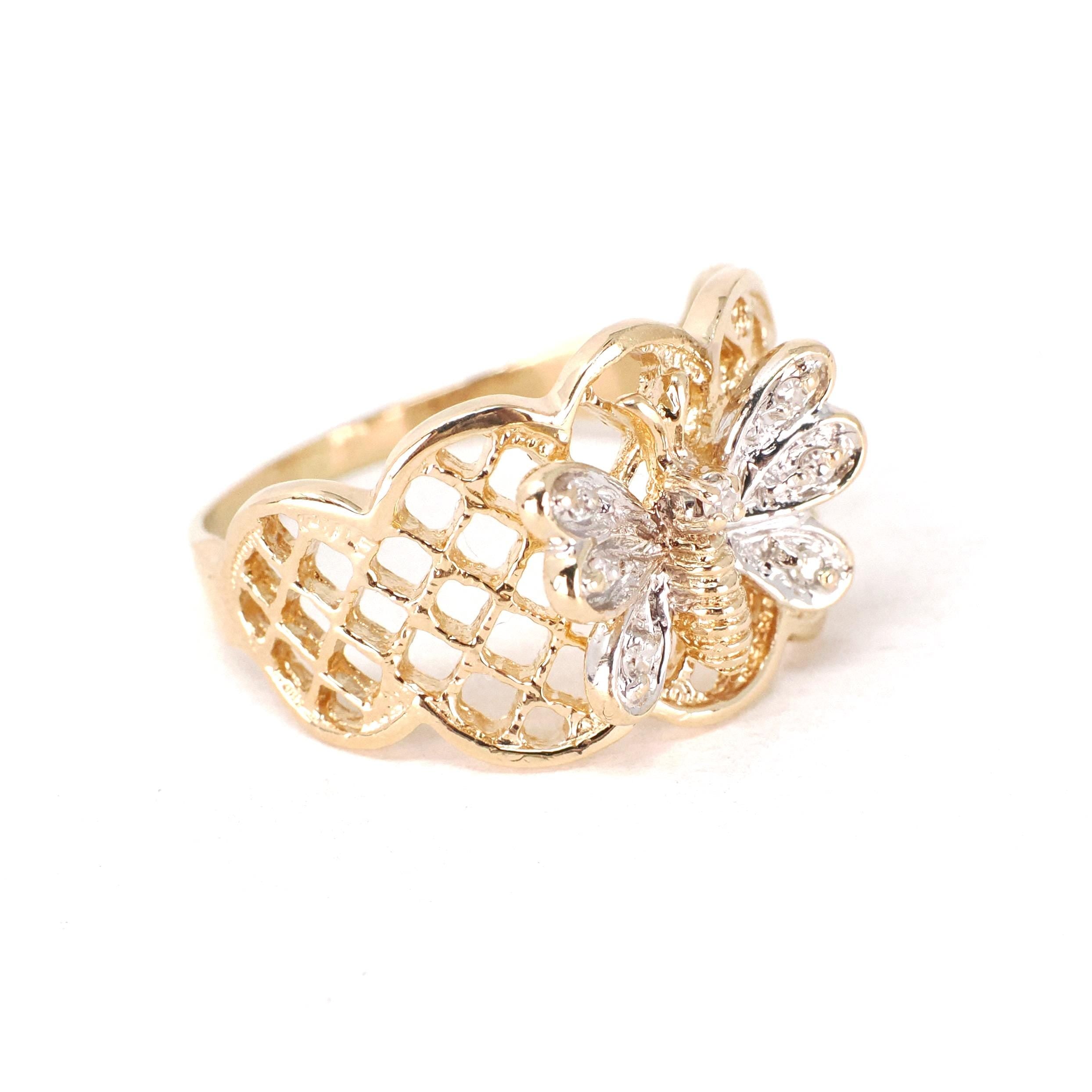 Butterfly Filigree Ring - Modern 14k Yellow & White Gold .04 CTW Natural Diamonds - Circa 2000s Size 7 1/2 Figural Winged Bug Fine Jewelry