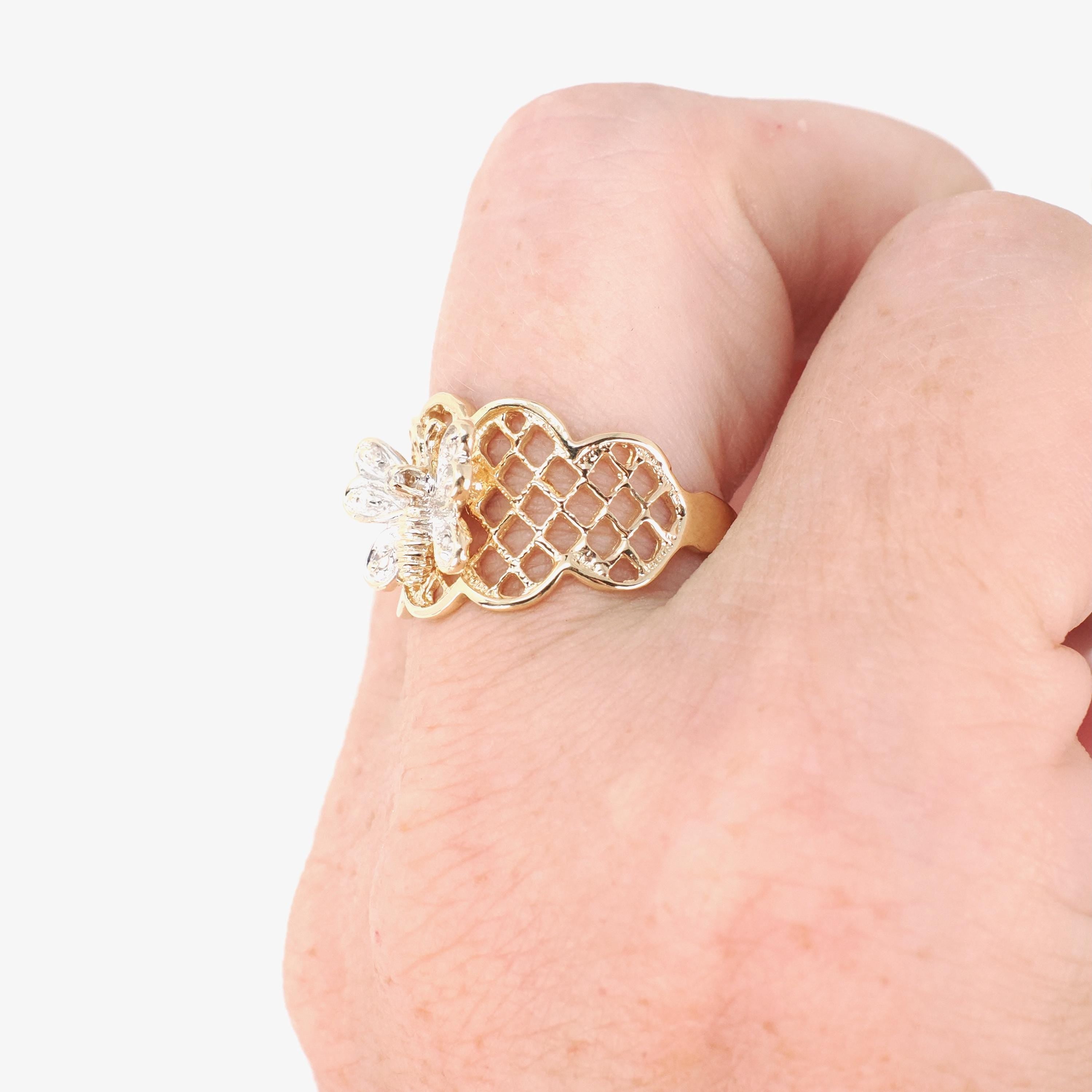 Butterfly Filigree Ring - Modern 14k Yellow & White Gold .04 CTW Natural Diamonds - Circa 2000s Size 7 1/2 Figural Winged Bug Fine Jewelry