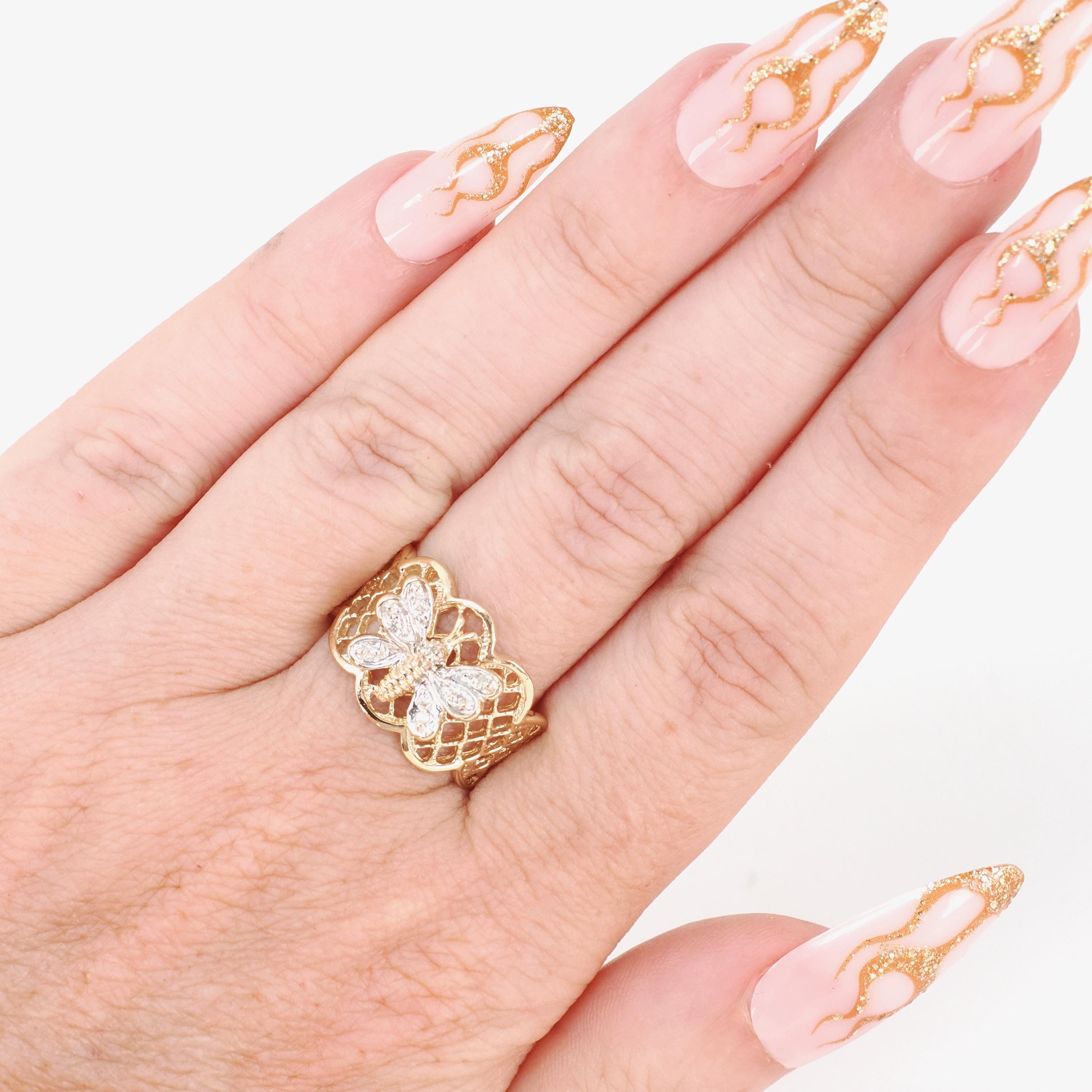 Butterfly Filigree Ring - Modern 14k Yellow & White Gold .04 CTW Natural Diamonds - Circa 2000s Size 7 1/2 Figural Winged Bug Fine Jewelry