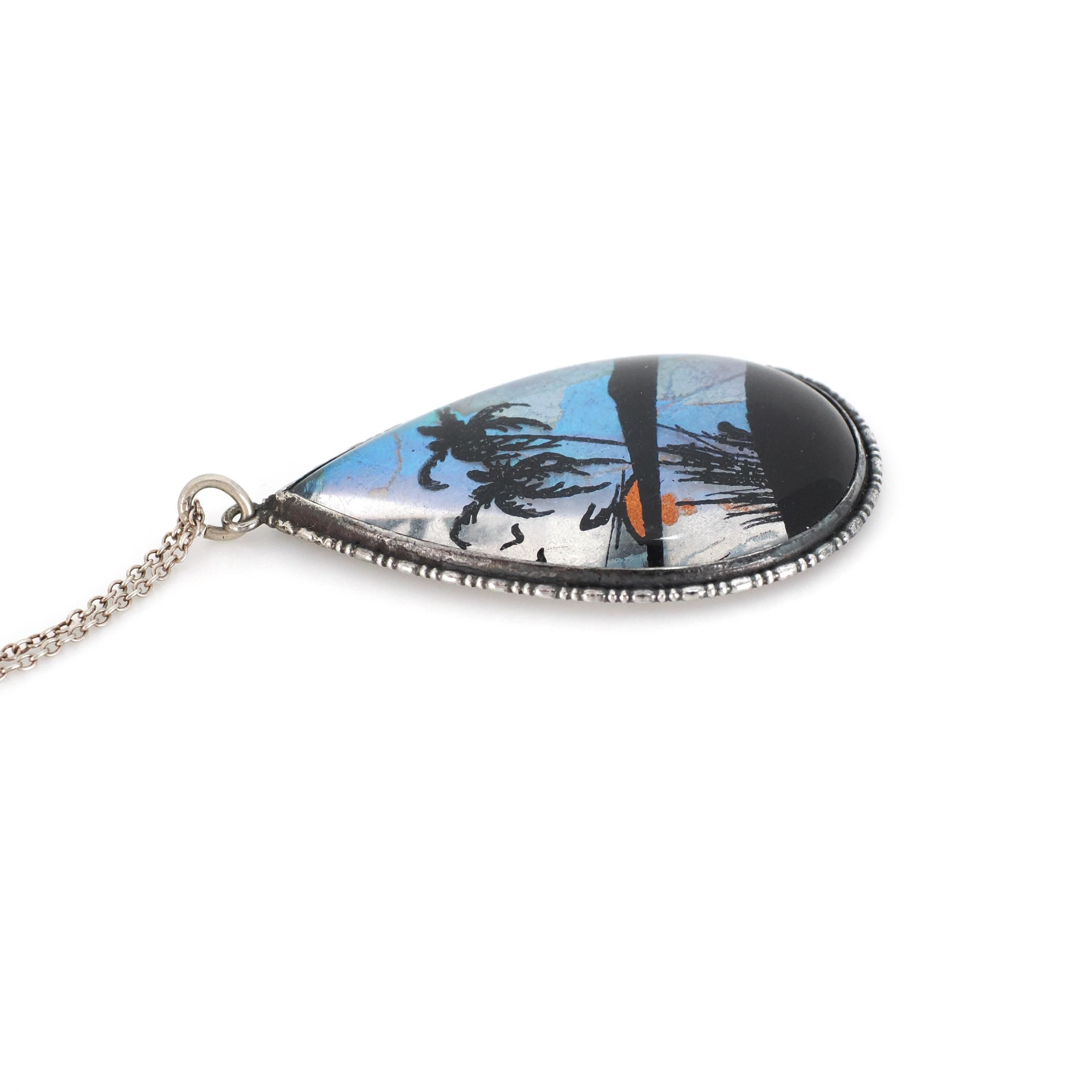 Morpho Butterfly Pendant - Mid Century Sterling Silver Blue Wing Necklace - Circa 1940s Era Tropical Sun Palm Tree Beach Souvenir Jewelry