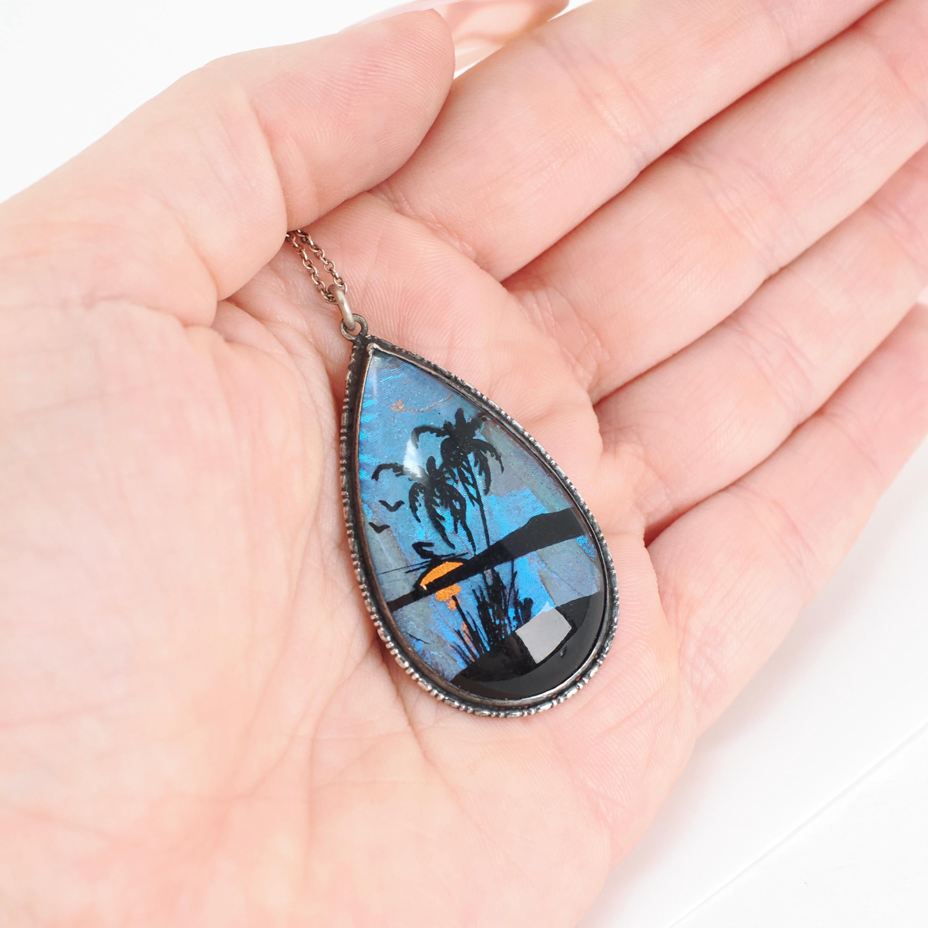 Morpho Butterfly Pendant - Mid Century Sterling Silver Blue Wing Necklace - Circa 1940s Era Tropical Sun Palm Tree Beach Souvenir Jewelry