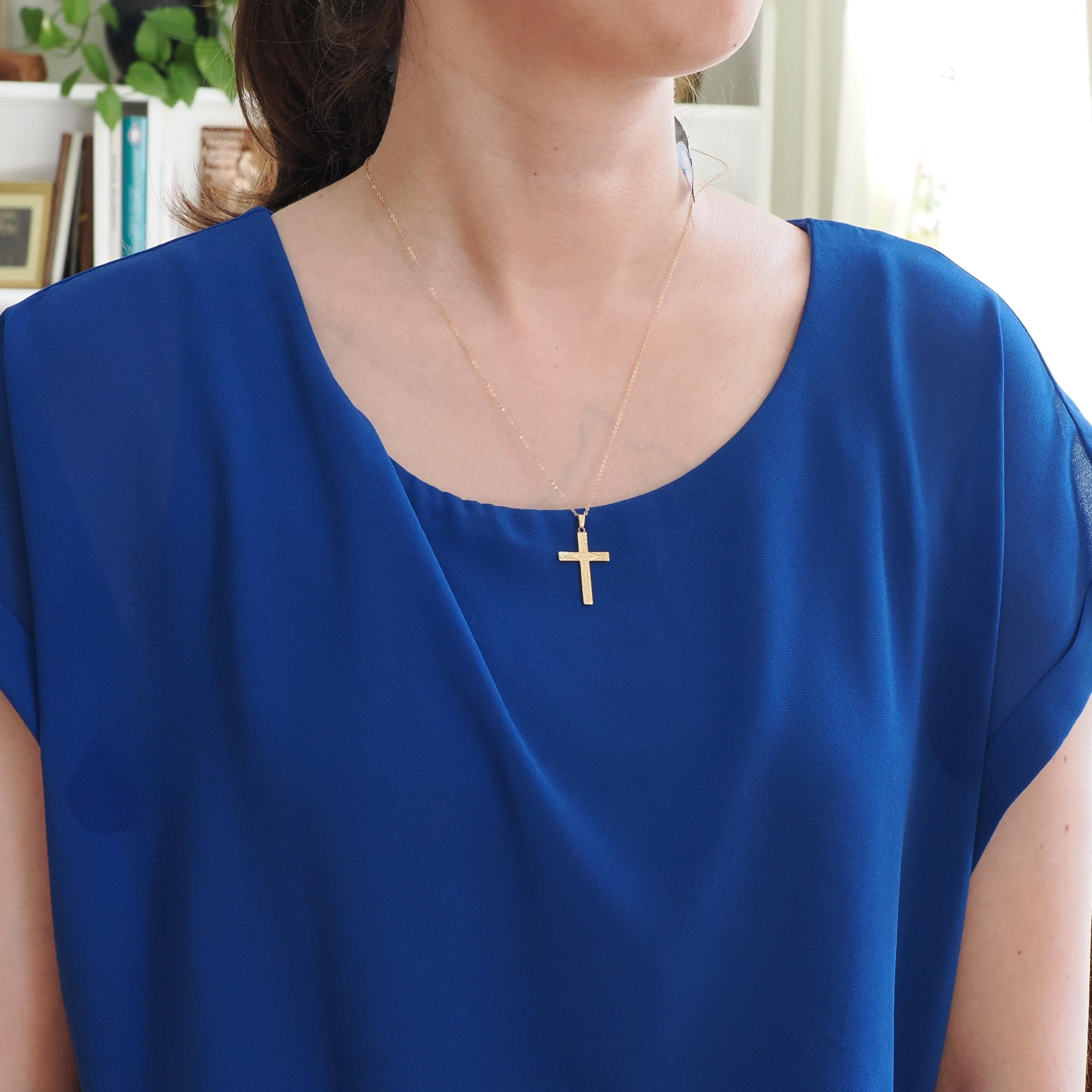 Vintage Cross Necklace - Mid Century 14k Yellow Gold Engraved Etched Pendant Charm - Circa 1950s Era Petite Religious Faith Esemco Jewelry