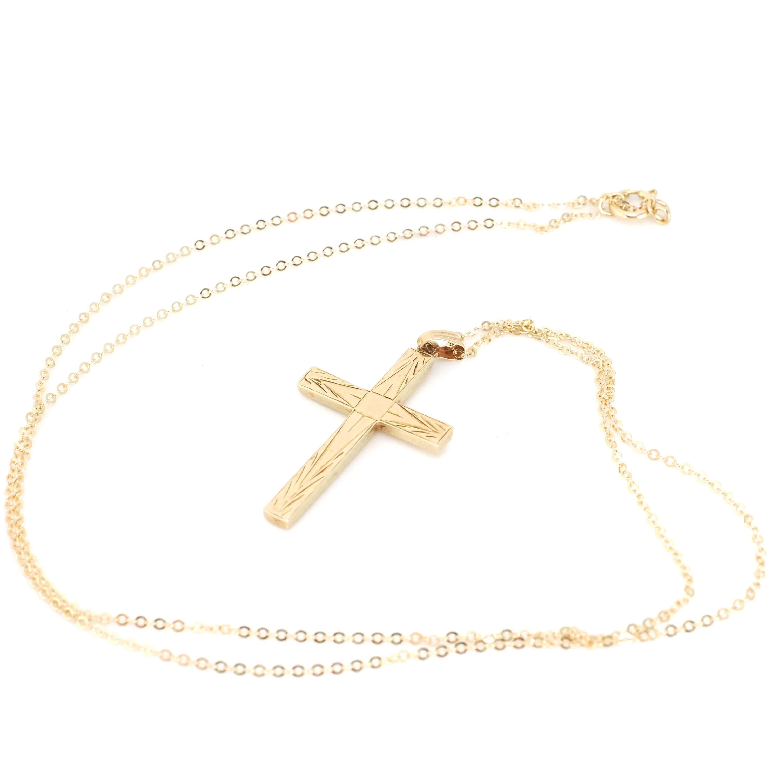 Vintage Cross Necklace - Mid Century 14k Yellow Gold Engraved Etched Pendant Charm - Circa 1950s Era Petite Religious Faith Esemco Jewelry