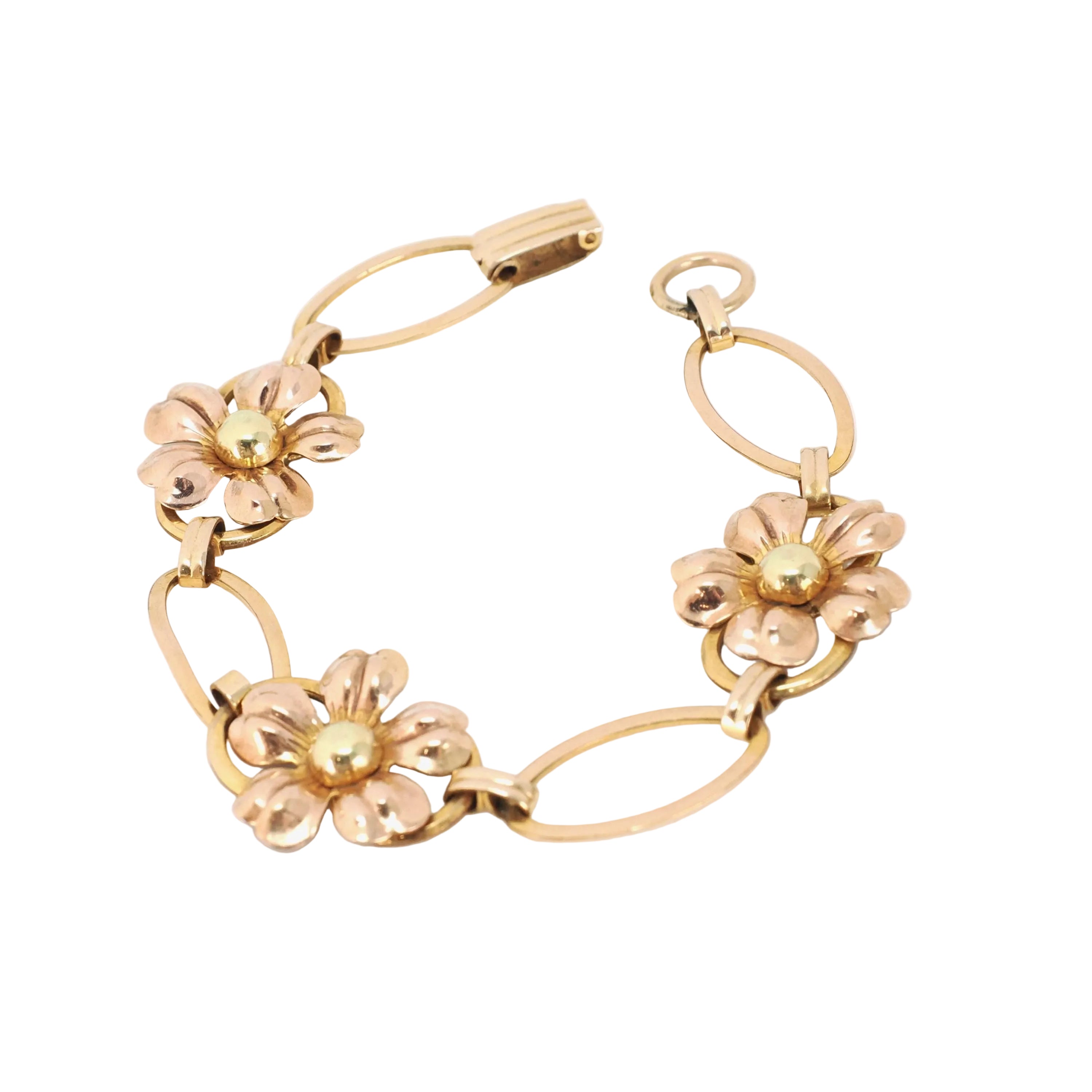Vintage Flower Bracelet - Retro 12k Gold Filled Yellow & Rose Gold Statement Panels - Circa 1940s Era Fashion Accessory Van Dell Jewelry