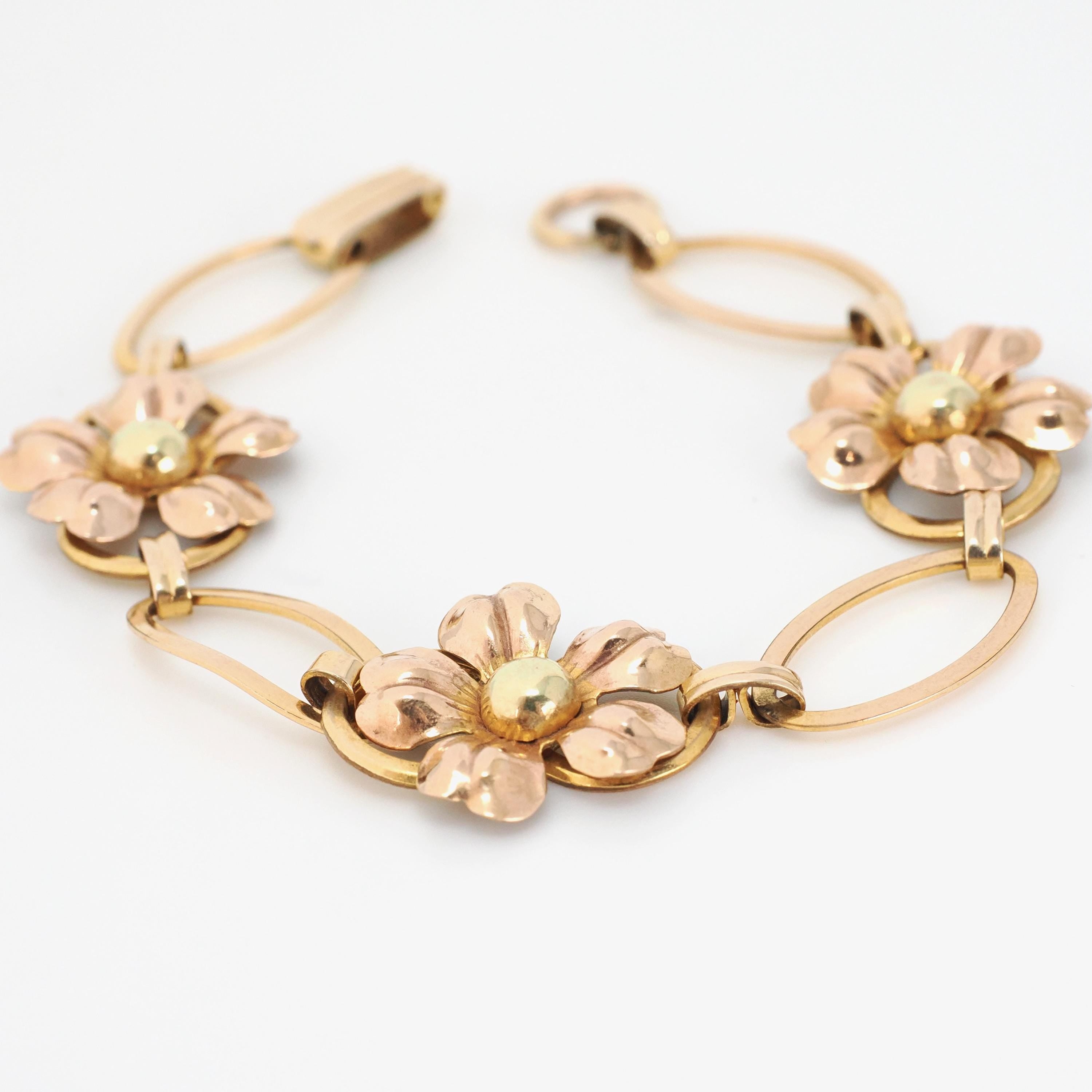Vintage Flower Bracelet - Retro 12k Gold Filled Yellow & Rose Gold Statement Panels - Circa 1940s Era Fashion Accessory Van Dell Jewelry