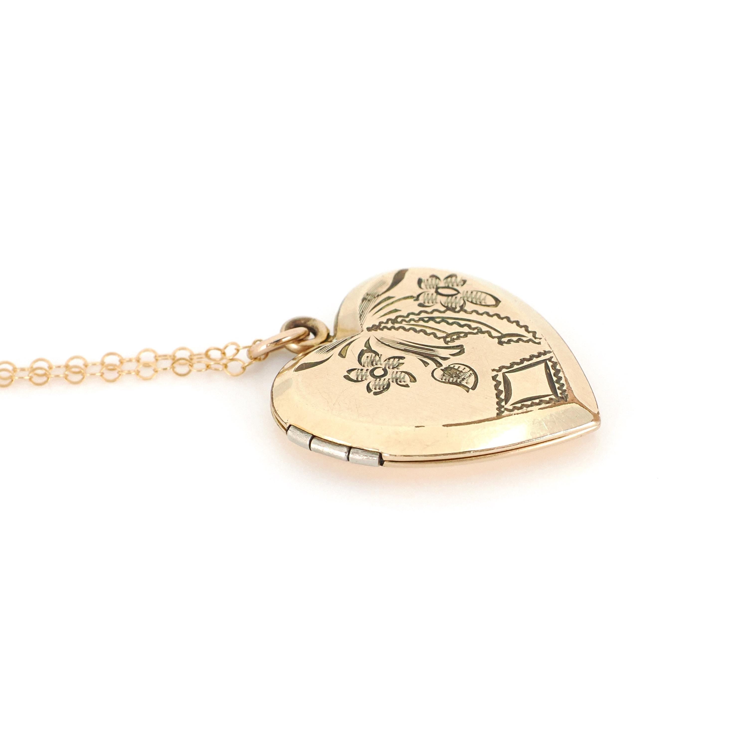 Vintage Heart Locket - Retro 10k Gold Filled Floral Bow Rhombus Engraved Design Pendant Necklace - Circa 1940s Keepsake Photograph Jewelry