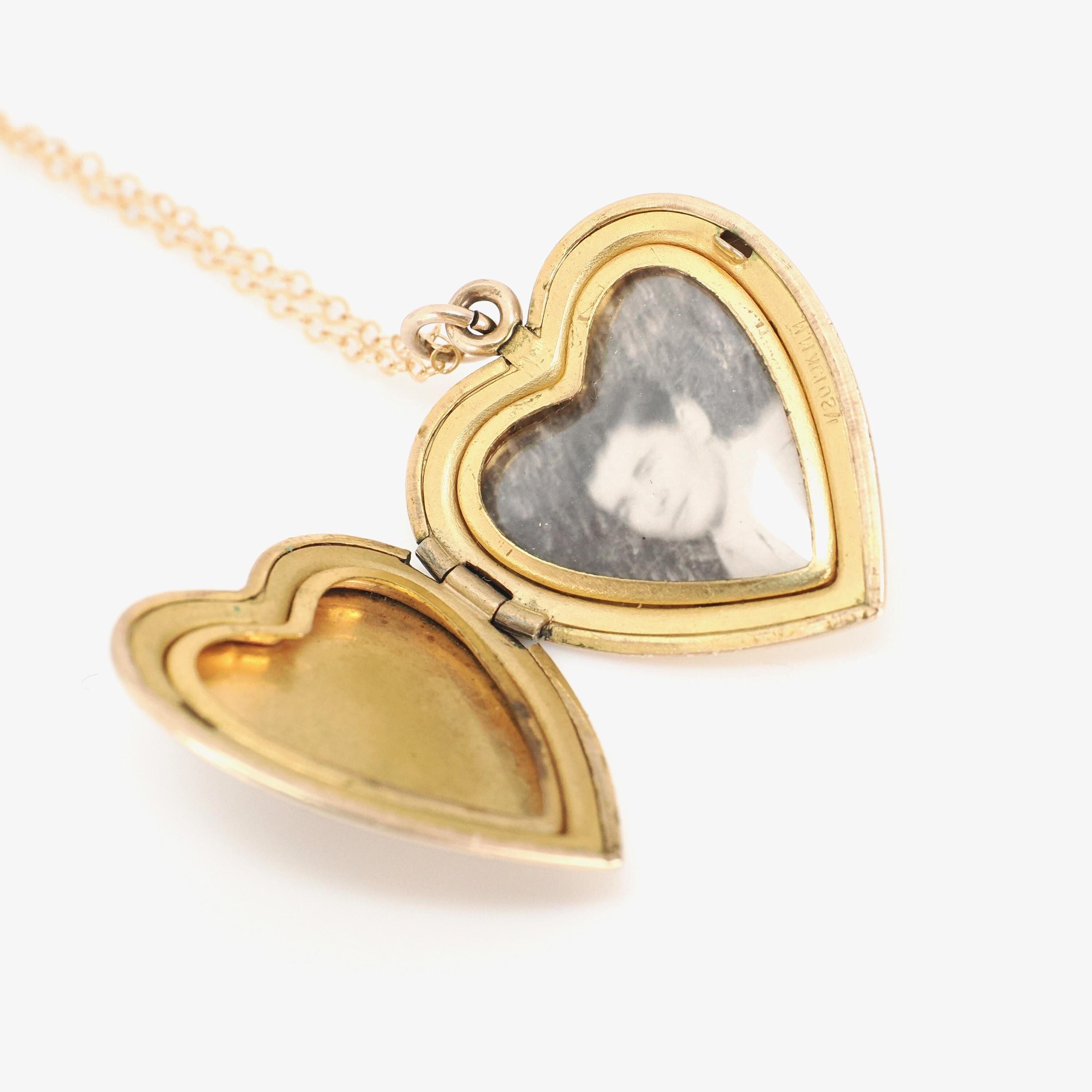 Vintage Heart Locket - Retro 10k Gold Filled Floral Bow Rhombus Engraved Design Pendant Necklace - Circa 1940s Keepsake Photograph Jewelry