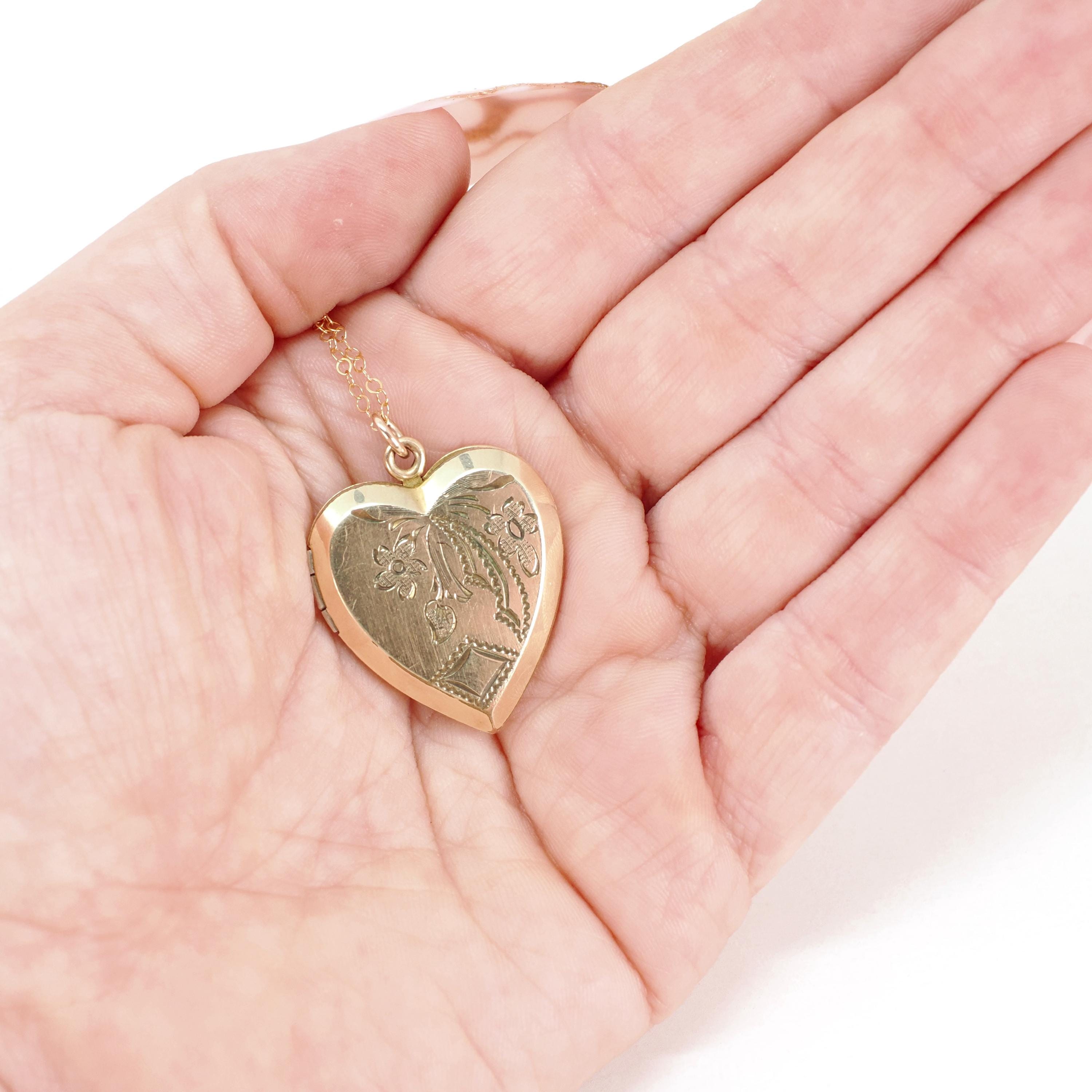 Vintage Heart Locket - Retro 10k Gold Filled Floral Bow Rhombus Engraved Design Pendant Necklace - Circa 1940s Keepsake Photograph Jewelry