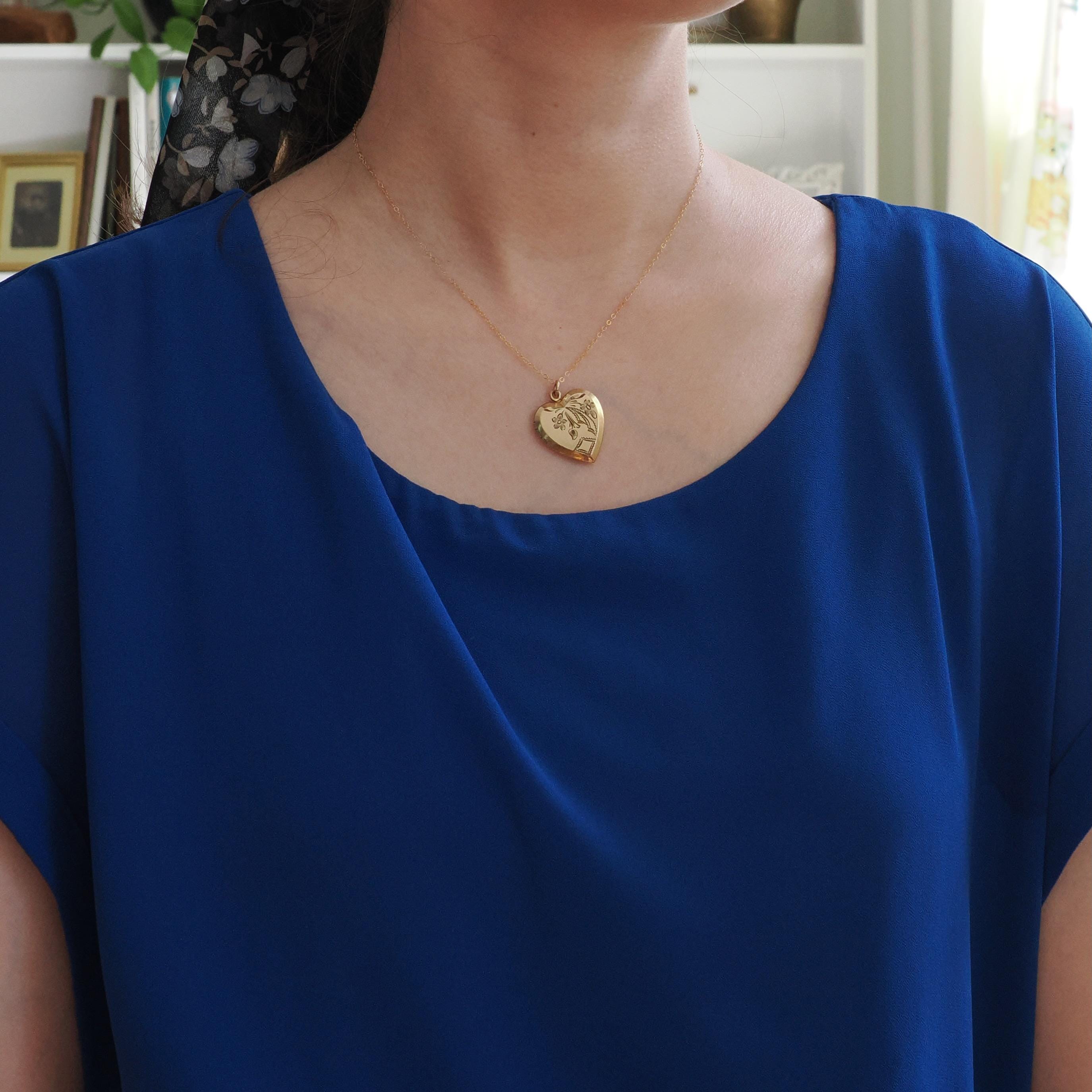 Vintage Heart Locket - Retro 10k Gold Filled Floral Bow Rhombus Engraved Design Pendant Necklace - Circa 1940s Keepsake Photograph Jewelry