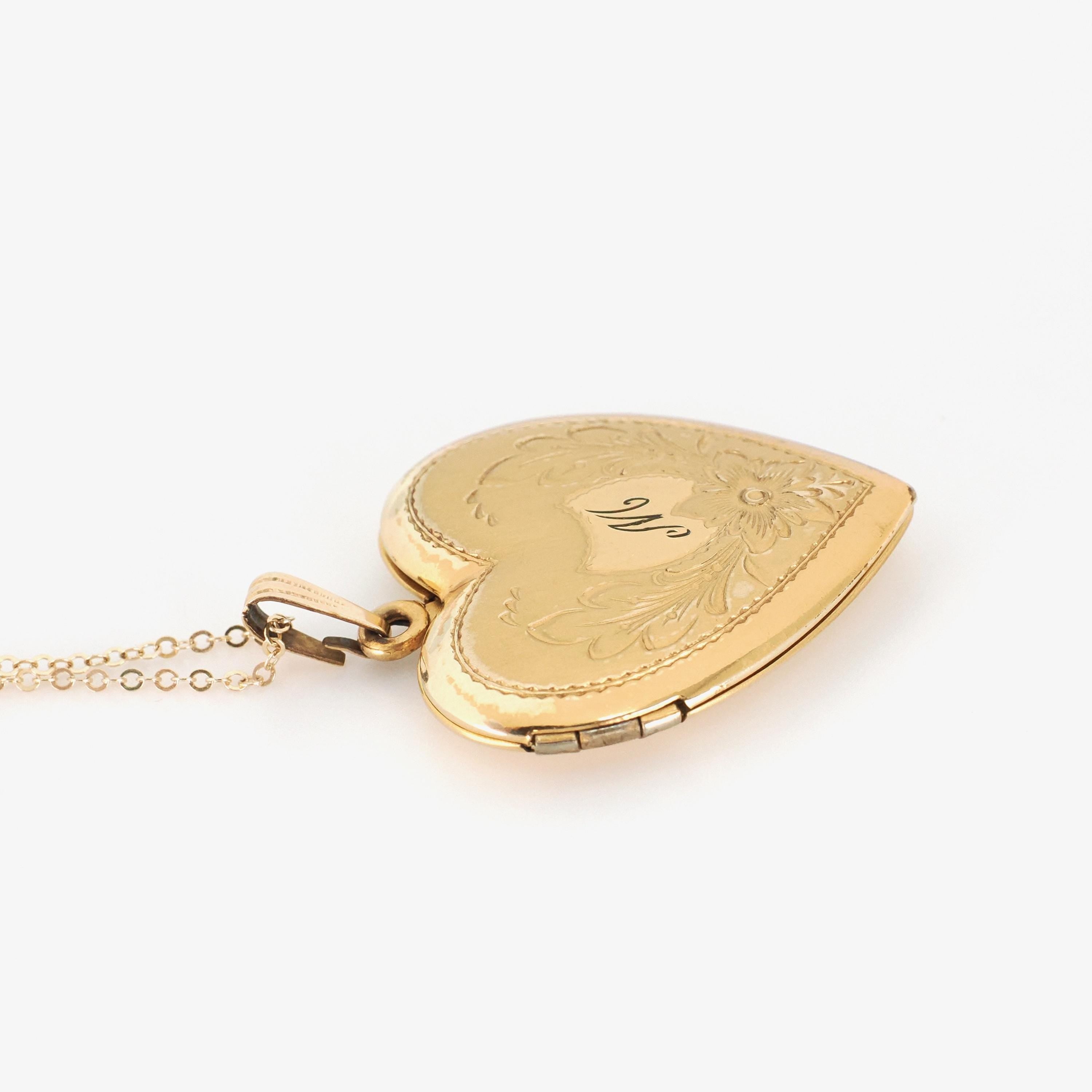 Letter "M" Locket - Retro 12k Gold Filled Engraved Single Initial Heart Pendant Necklace - Circa 1940s Statement Keepsake Photograph Jewelry