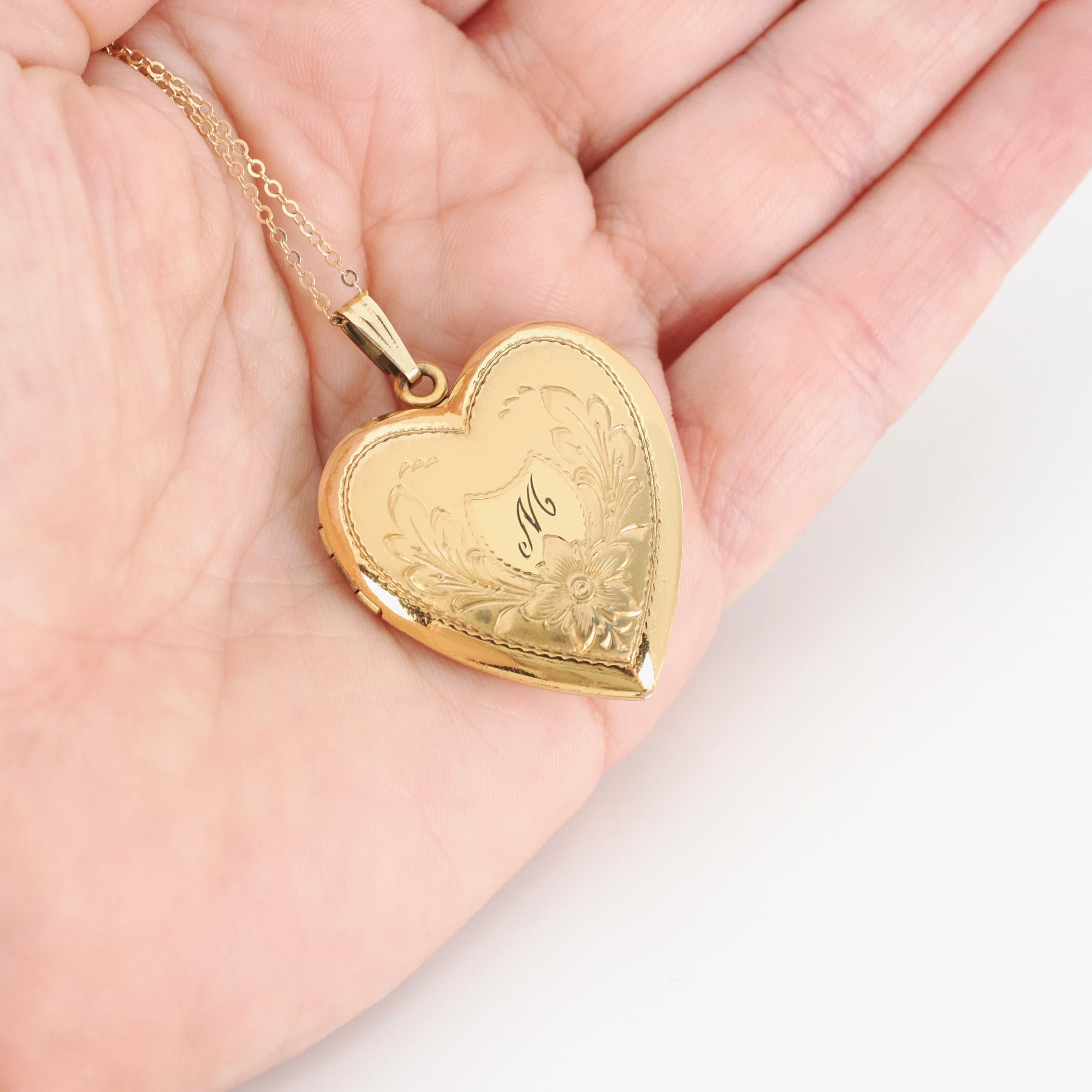 Letter "M" Locket - Retro 12k Gold Filled Engraved Single Initial Heart Pendant Necklace - Circa 1940s Statement Keepsake Photograph Jewelry