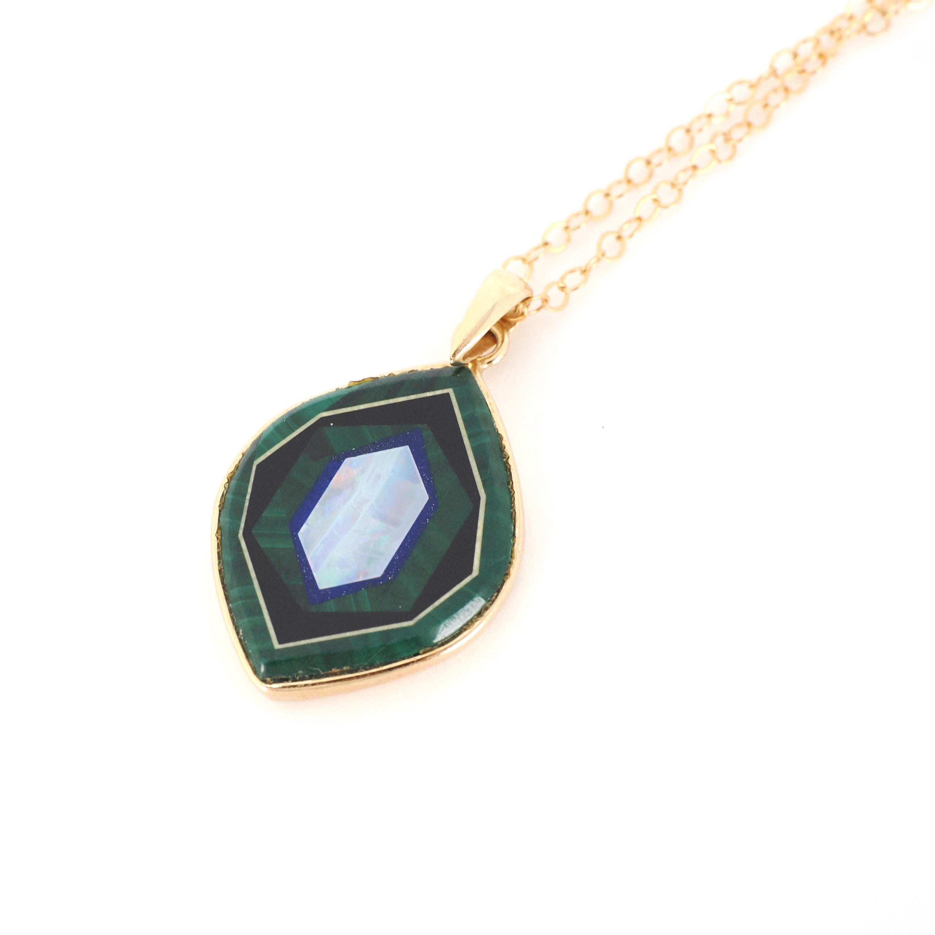 Inlayed Gemstone Pendant - Modern 14k Yellow Gold Natural Opal Lapis Malachite Onyx Charm - Circa 2000s Era Mystical Lantern Fine Jewelry