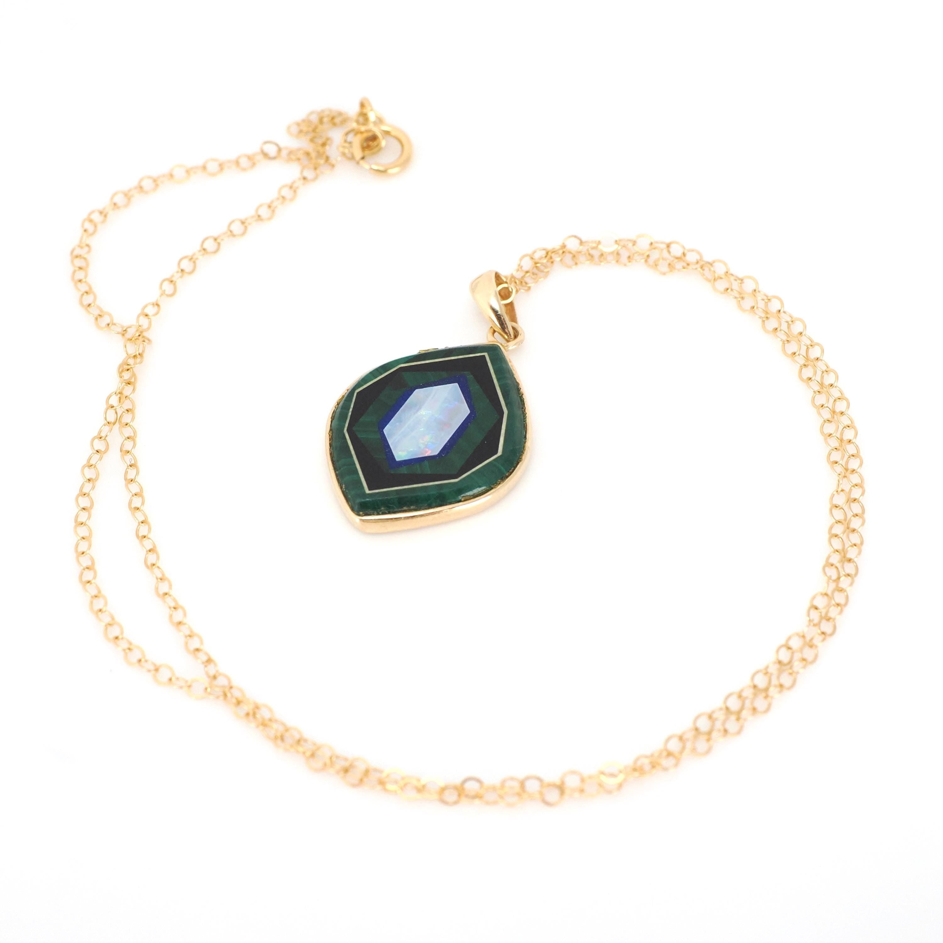 Inlayed Gemstone Pendant - Modern 14k Yellow Gold Natural Opal Lapis Malachite Onyx Charm - Circa 2000s Era Mystical Lantern Fine Jewelry