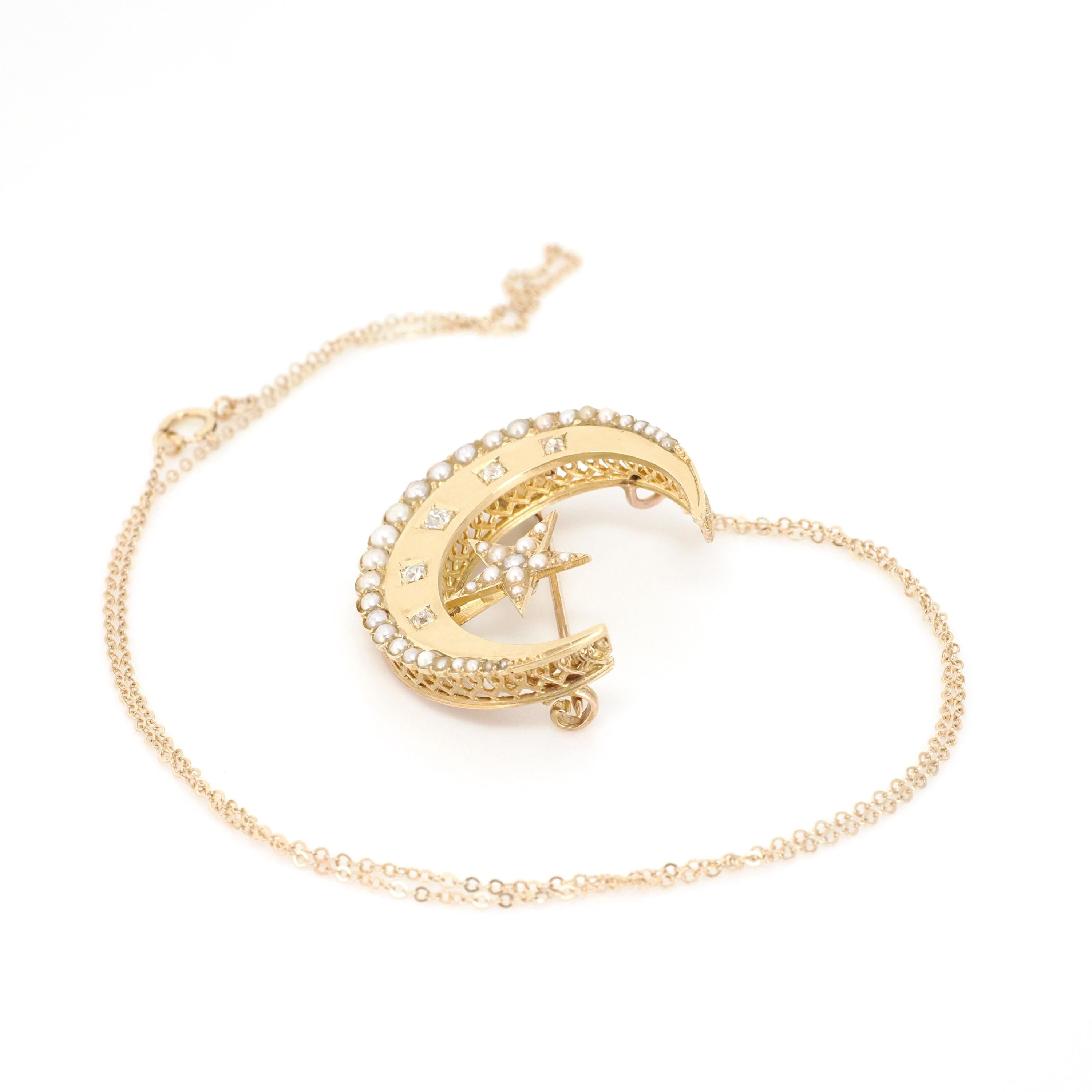 Victorian Crescent Moon Brooch - Antique 14k Yellow Gold .14 CTW Old Mine Cut Diamond Pin - Circa 1880s Era Seed Pearl Fine Pendant Jewelry