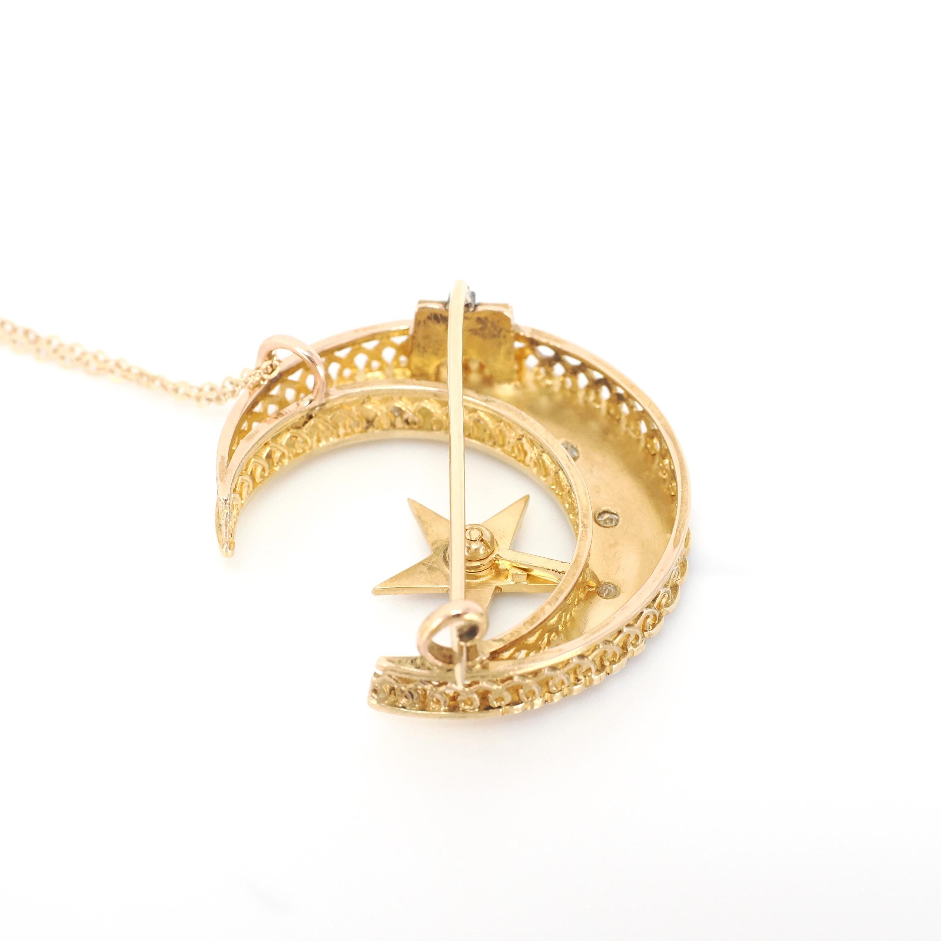 Victorian Crescent Moon Brooch - Antique 14k Yellow Gold .14 CTW Old Mine Cut Diamond Pin - Circa 1880s Era Seed Pearl Fine Pendant Jewelry