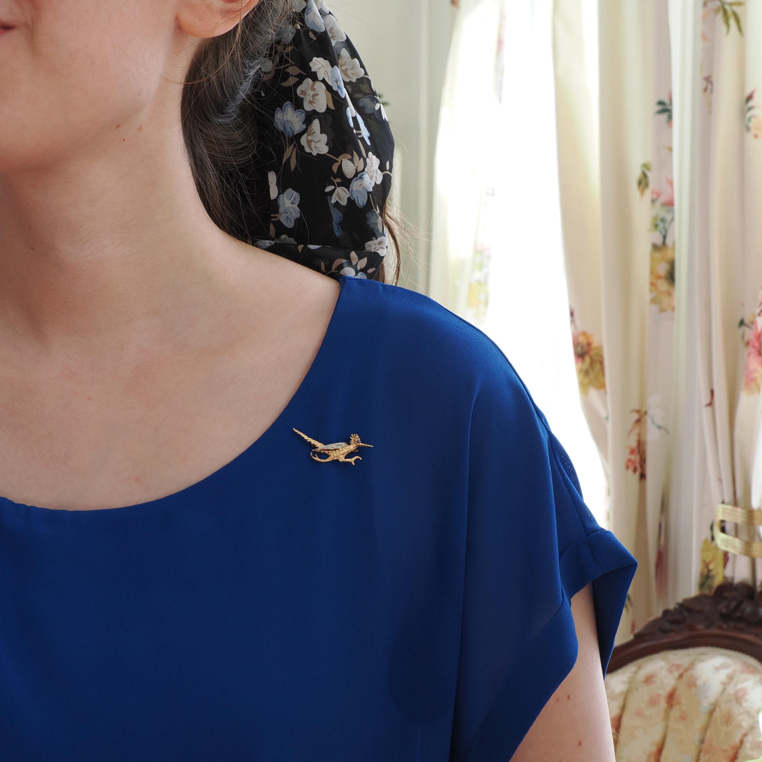Vintage Roadrunner Brooch - Retro 14k Yellow & White Gold Natural Sapphire And Diamond Pin - Circa 1970s Era Cuckoo Bird Animal Fine Jewelry