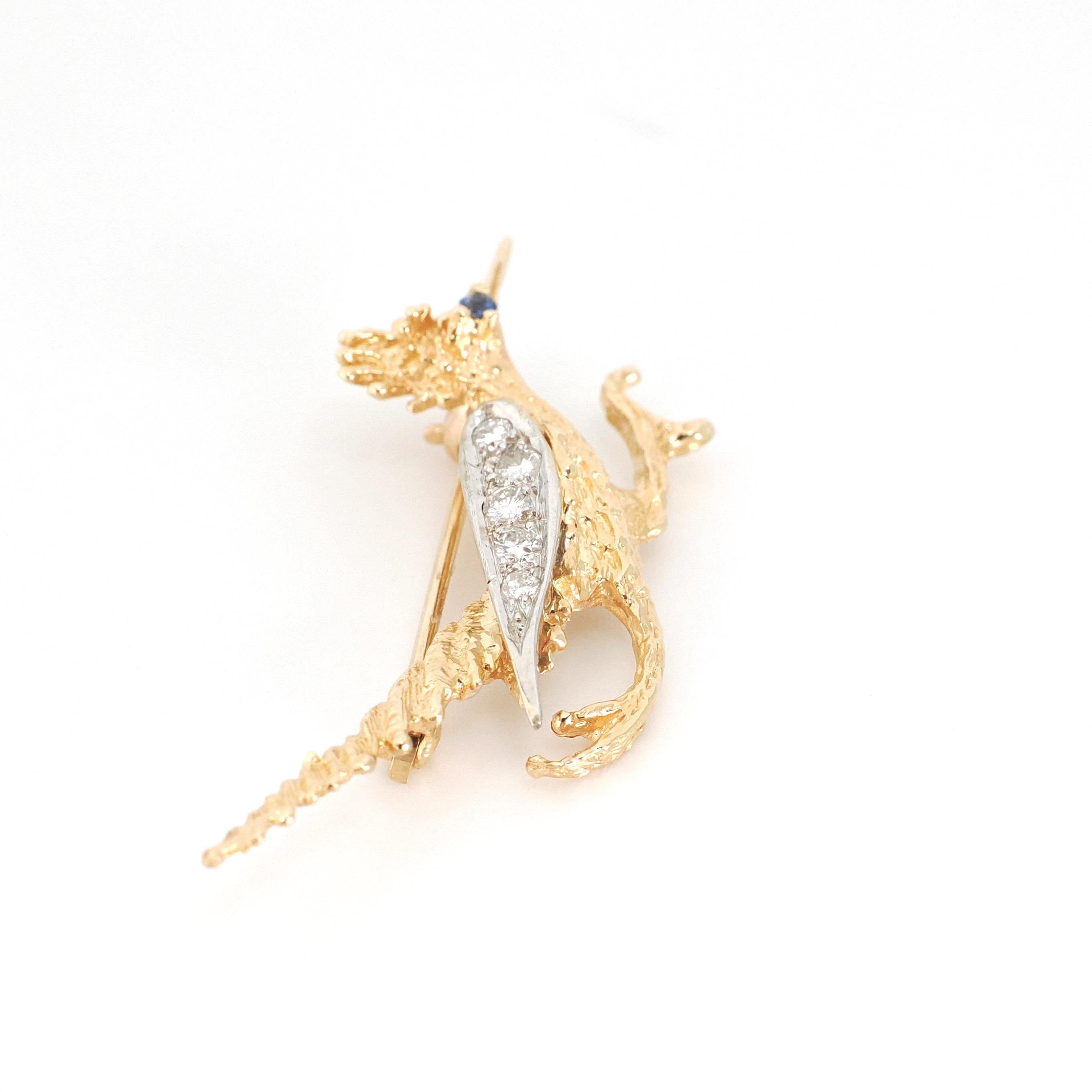 Vintage Roadrunner Brooch - Retro 14k Yellow & White Gold Natural Sapphire And Diamond Pin - Circa 1970s Era Cuckoo Bird Animal Fine Jewelry