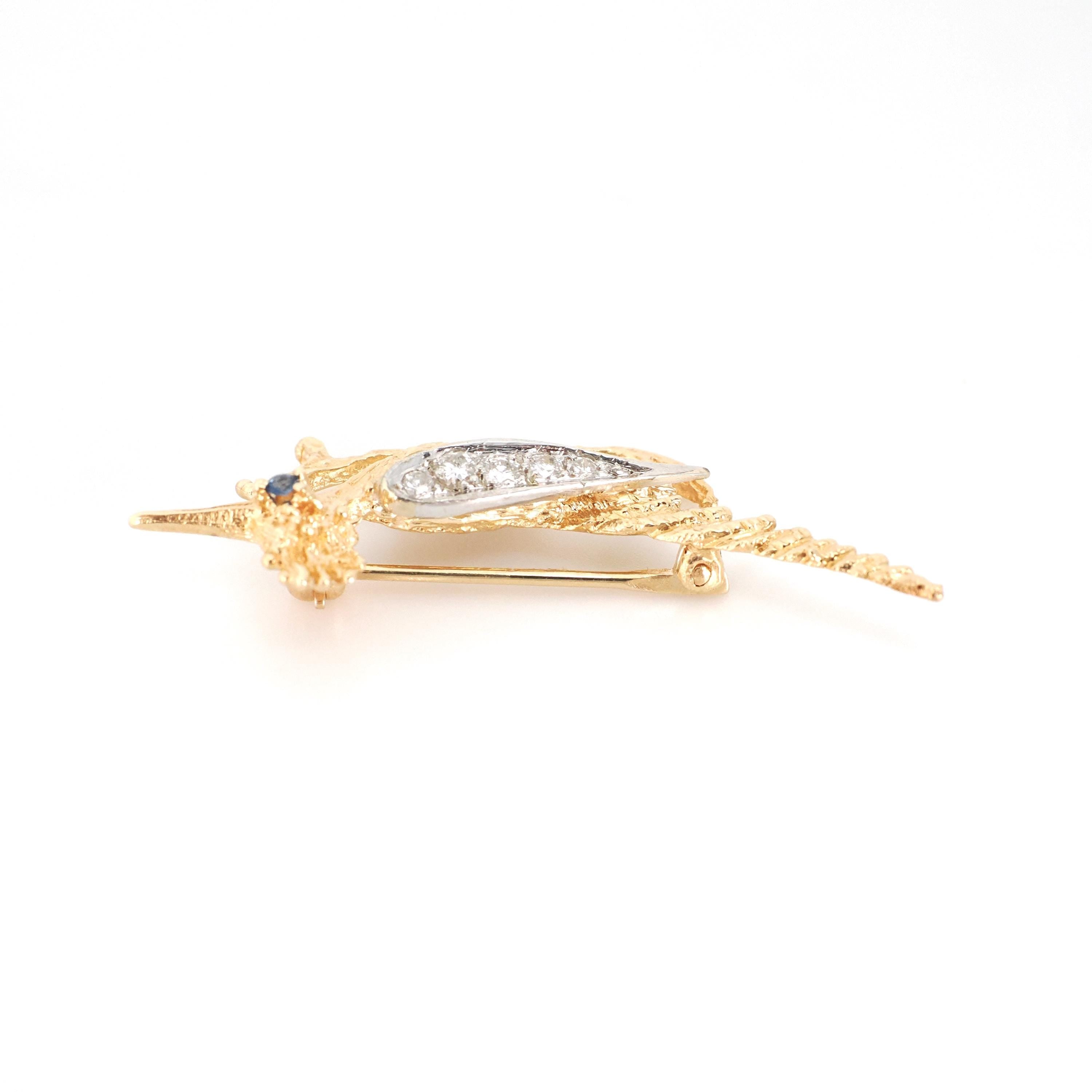Vintage Roadrunner Brooch - Retro 14k Yellow & White Gold Natural Sapphire And Diamond Pin - Circa 1970s Era Cuckoo Bird Animal Fine Jewelry