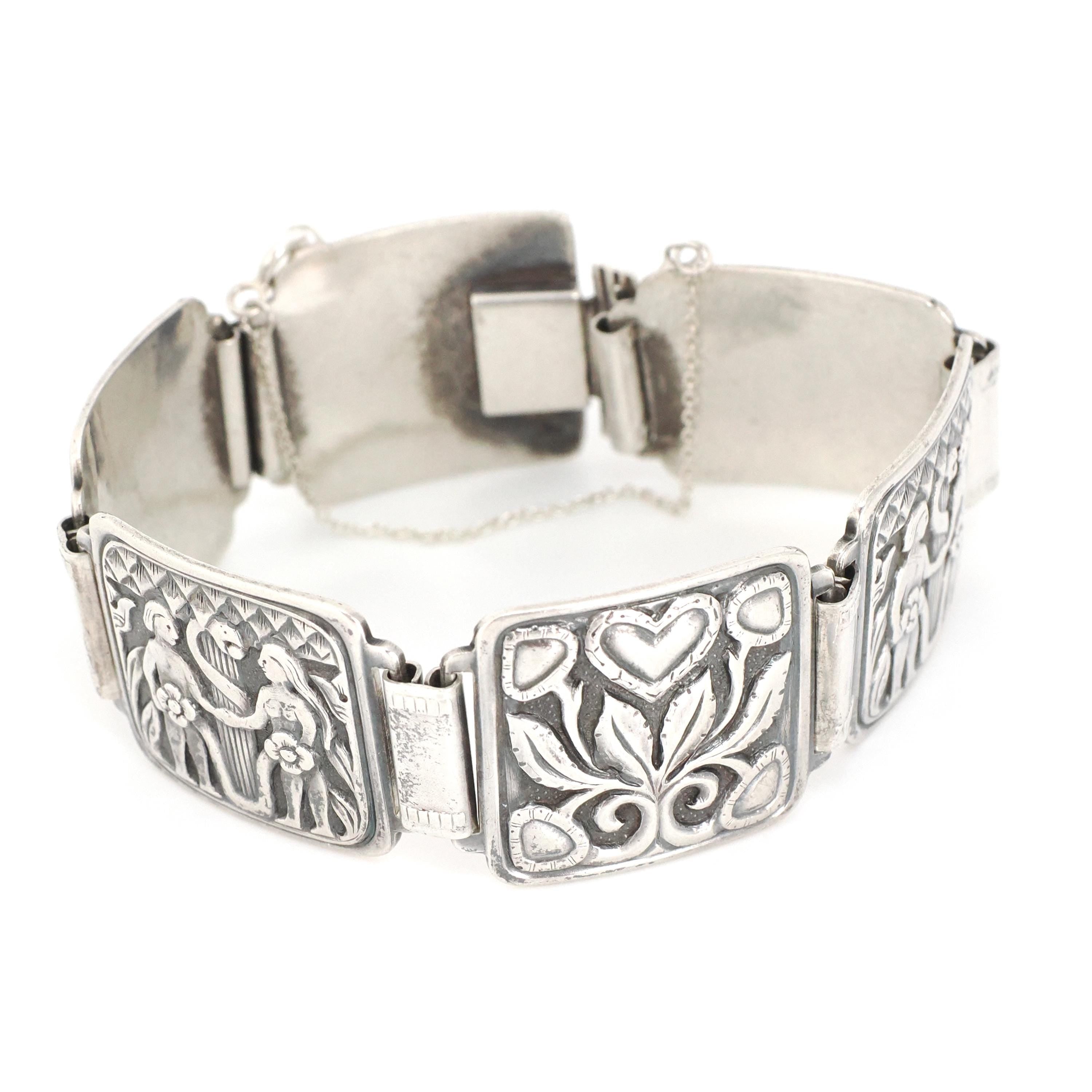 David Anderson Adam & Eve Bracelet - Mid Century Sterling Silver Panel Link Statement - Circa 1950s Era Collectible Signed Religious Jewelry