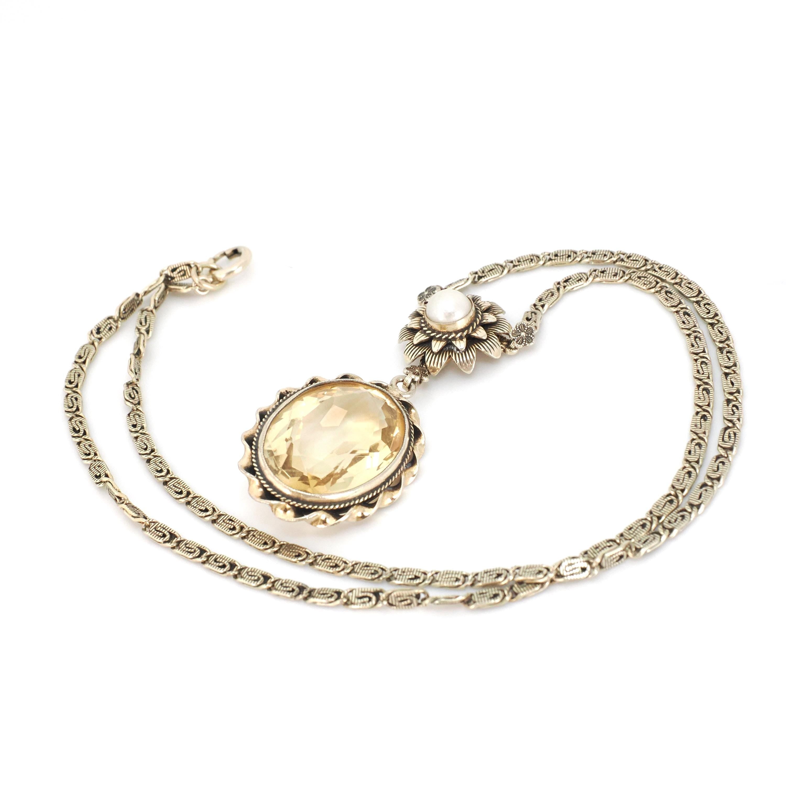 Vintage Citrine Necklace - Mid Century Gold Wash Over Sterling Silver Natural Gem & Cultured Pearl - Circa 1940s Era Floral Nature Jewelry
