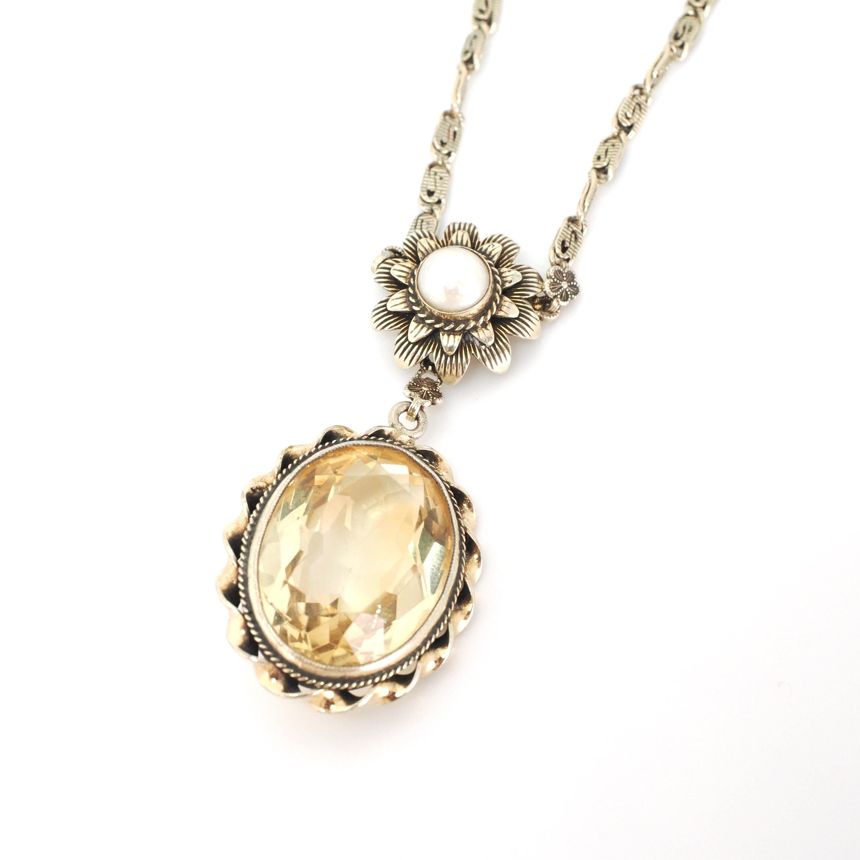Vintage Citrine Necklace - Mid Century Gold Wash Over Sterling Silver Natural Gem & Cultured Pearl - Circa 1940s Era Floral Nature Jewelry
