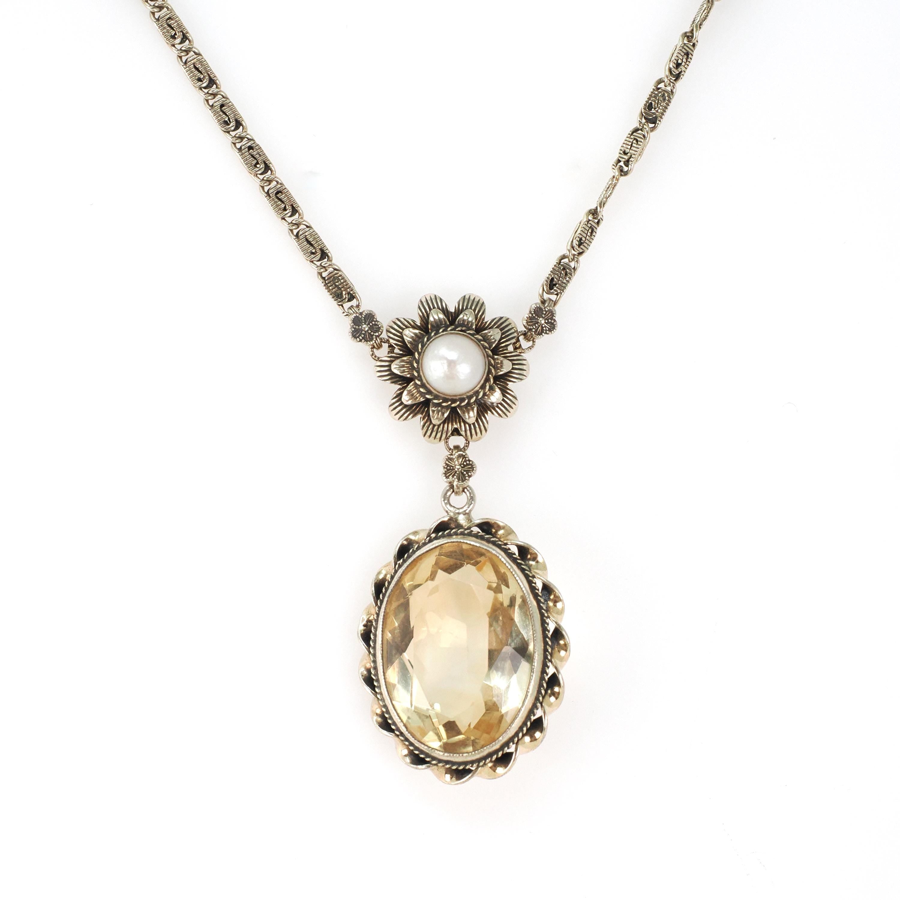 Vintage Citrine Necklace - Mid Century Gold Wash Over Sterling Silver Natural Gem & Cultured Pearl - Circa 1940s Era Floral Nature Jewelry