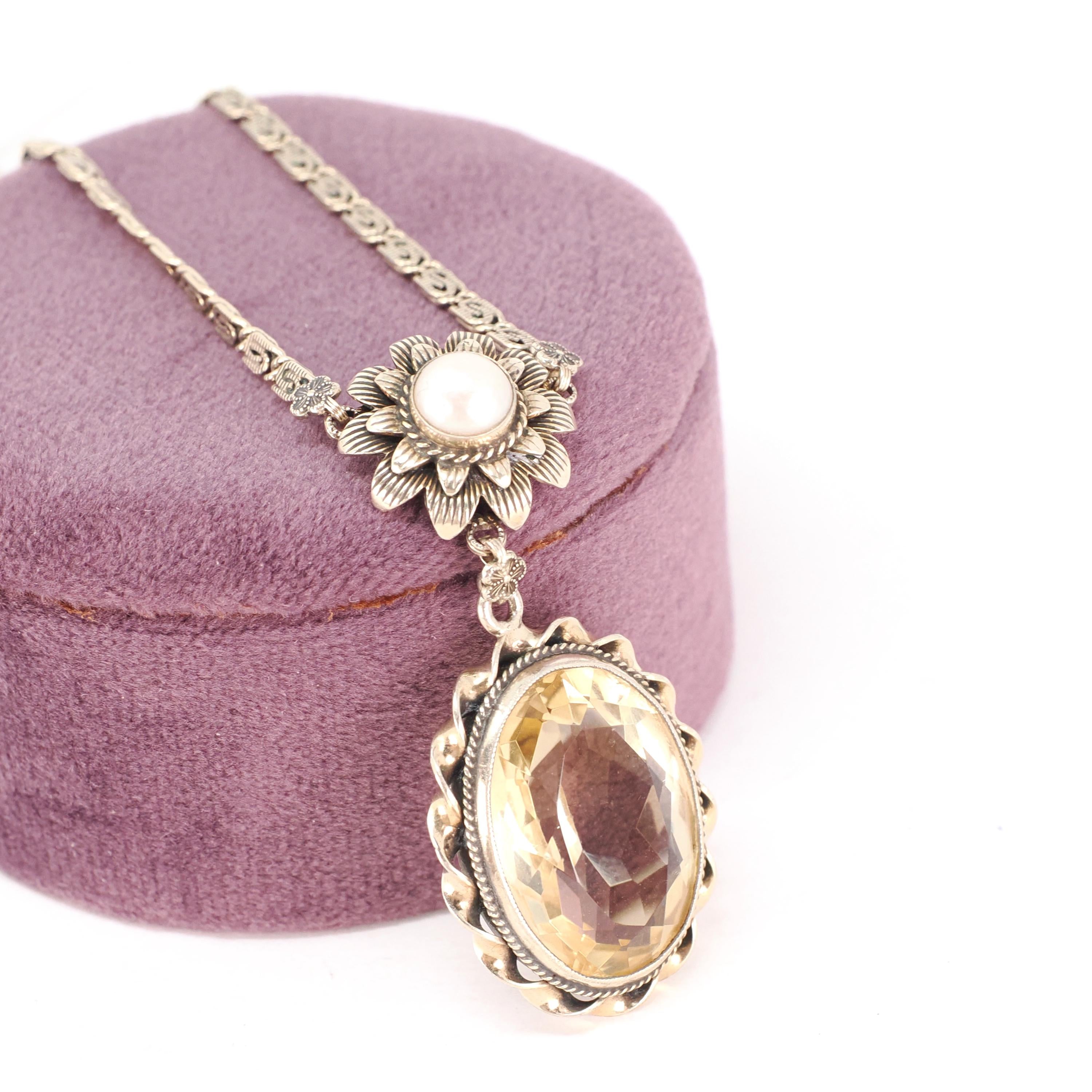 Vintage Citrine Necklace - Mid Century Gold Wash Over Sterling Silver Natural Gem & Cultured Pearl - Circa 1940s Era Floral Nature Jewelry
