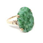 Art Deco Ring - Retro 10k Yellow Gold Carved Mottled Green Glass Oval Stone - Vintage Circa 1940s Era Size 7 3/4 Statement Fine 40s Jewelry