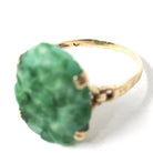 Art Deco Ring - Retro 10k Yellow Gold Carved Mottled Green Glass Oval Stone - Vintage Circa 1940s Era Size 7 3/4 Statement Fine 40s Jewelry