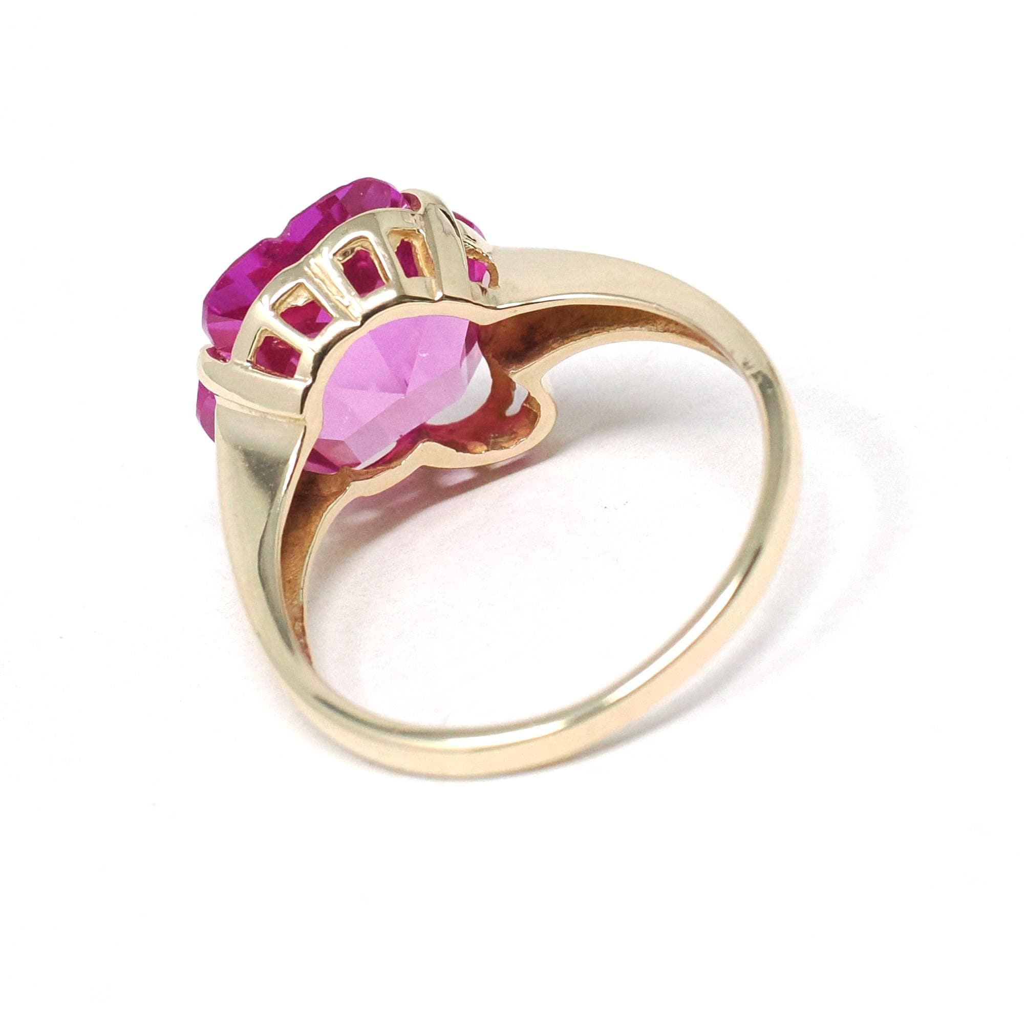 Created Pink Sapphire Ring - Retro 10k Yellow Gold Fancy Cut Flower Stone - Vintage Circa 1940s Era Size 8 1/2 Statement Fine 40s Jewelry