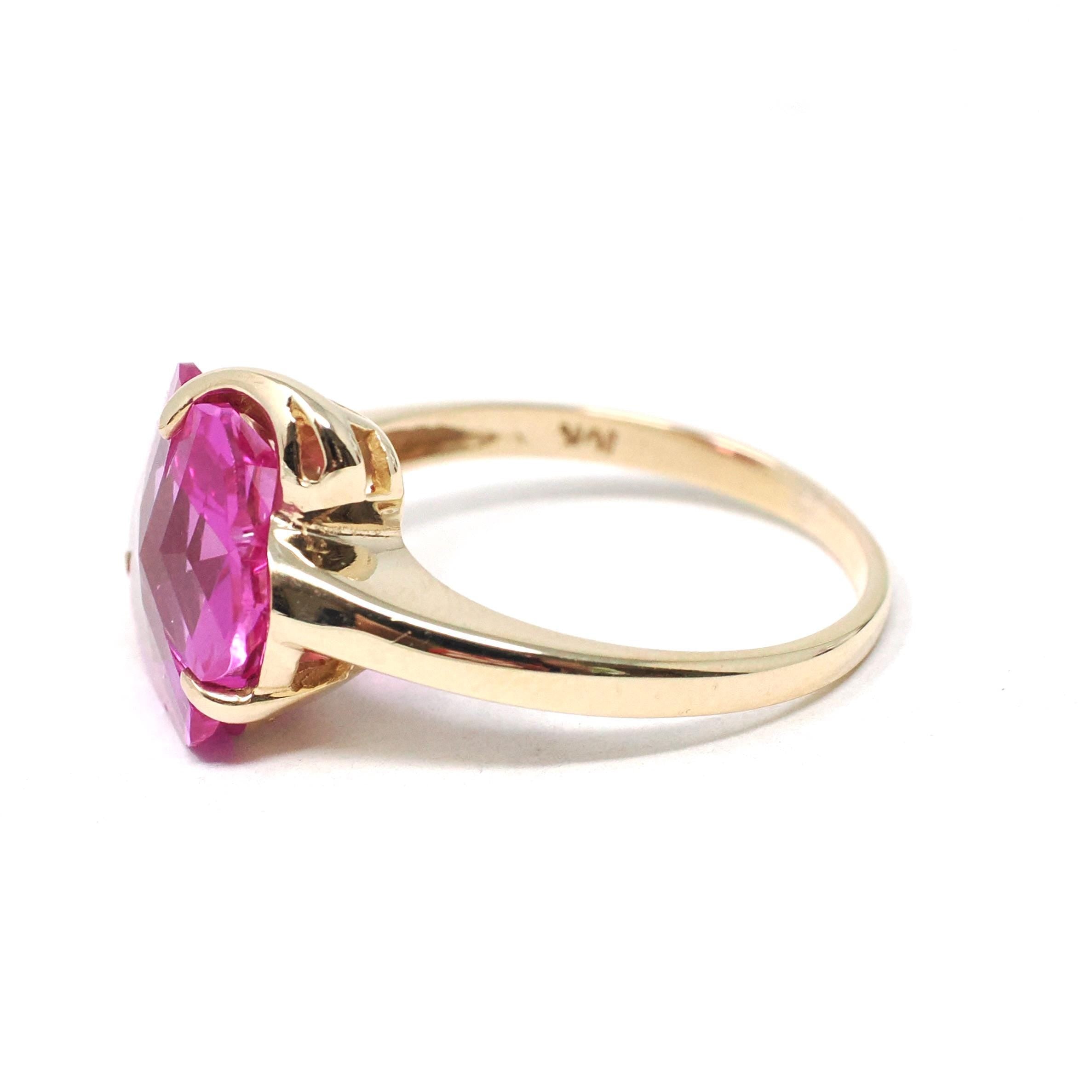 Created Pink Sapphire Ring - Retro 10k Yellow Gold Fancy Cut Flower Stone - Vintage Circa 1940s Era Size 8 1/2 Statement Fine 40s Jewelry