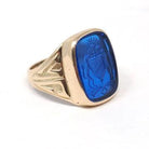 Created Spinel Intaglio Ring - Mid Century 10k Yellow Gold Carved Blue Coat Of Arms Gemstone Signet - Dated 1956 Size 7 Fine Lineage Jewelry