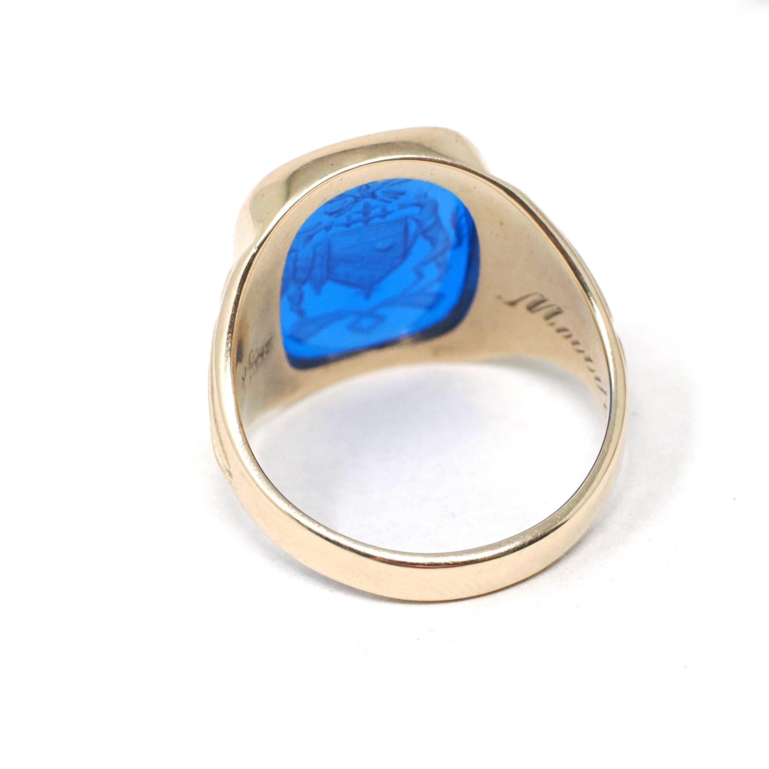 Created Spinel Intaglio Ring - Mid Century 10k Yellow Gold Carved