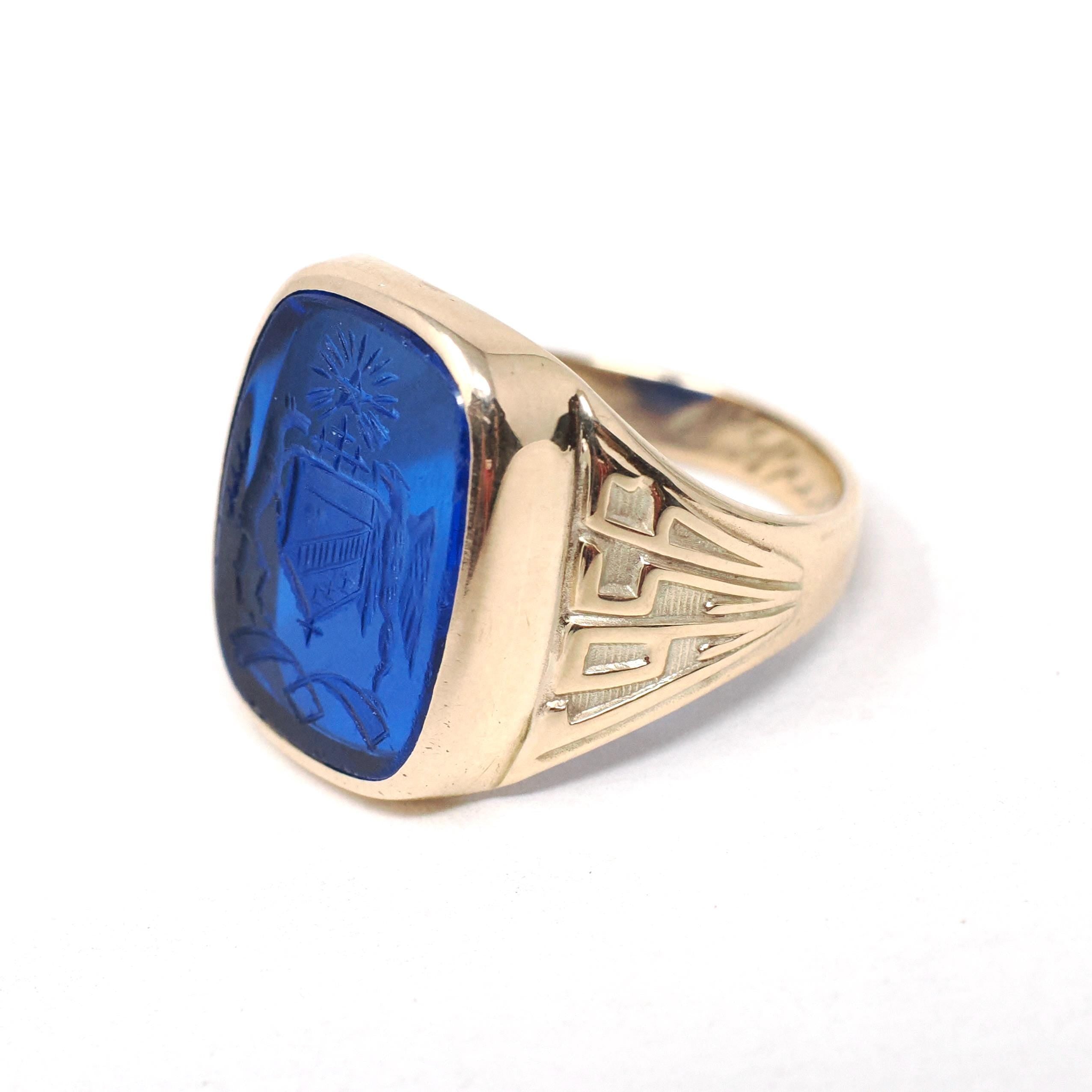 Created Spinel Intaglio Ring - Mid Century 10k Yellow Gold Carved Blue Coat Of Arms Gemstone Signet - Dated 1956 Size 7 Fine Lineage Jewelry