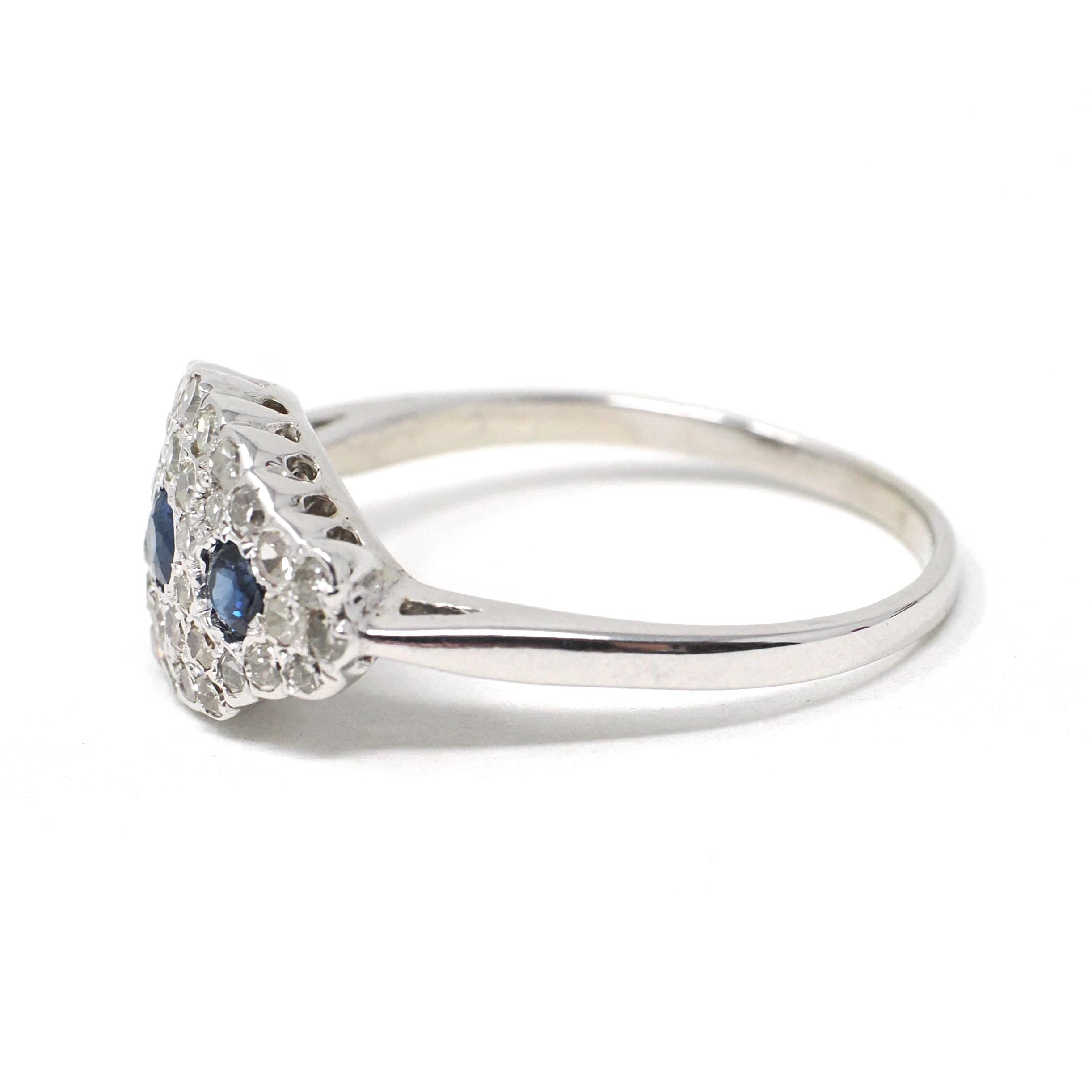 Mid Century Cluster Ring - Vintage 14k White Gold Natural Blue Sapphire & Diamond Princess Style - Circa 1950s Era Size 10 1/2 Fine Jewelry