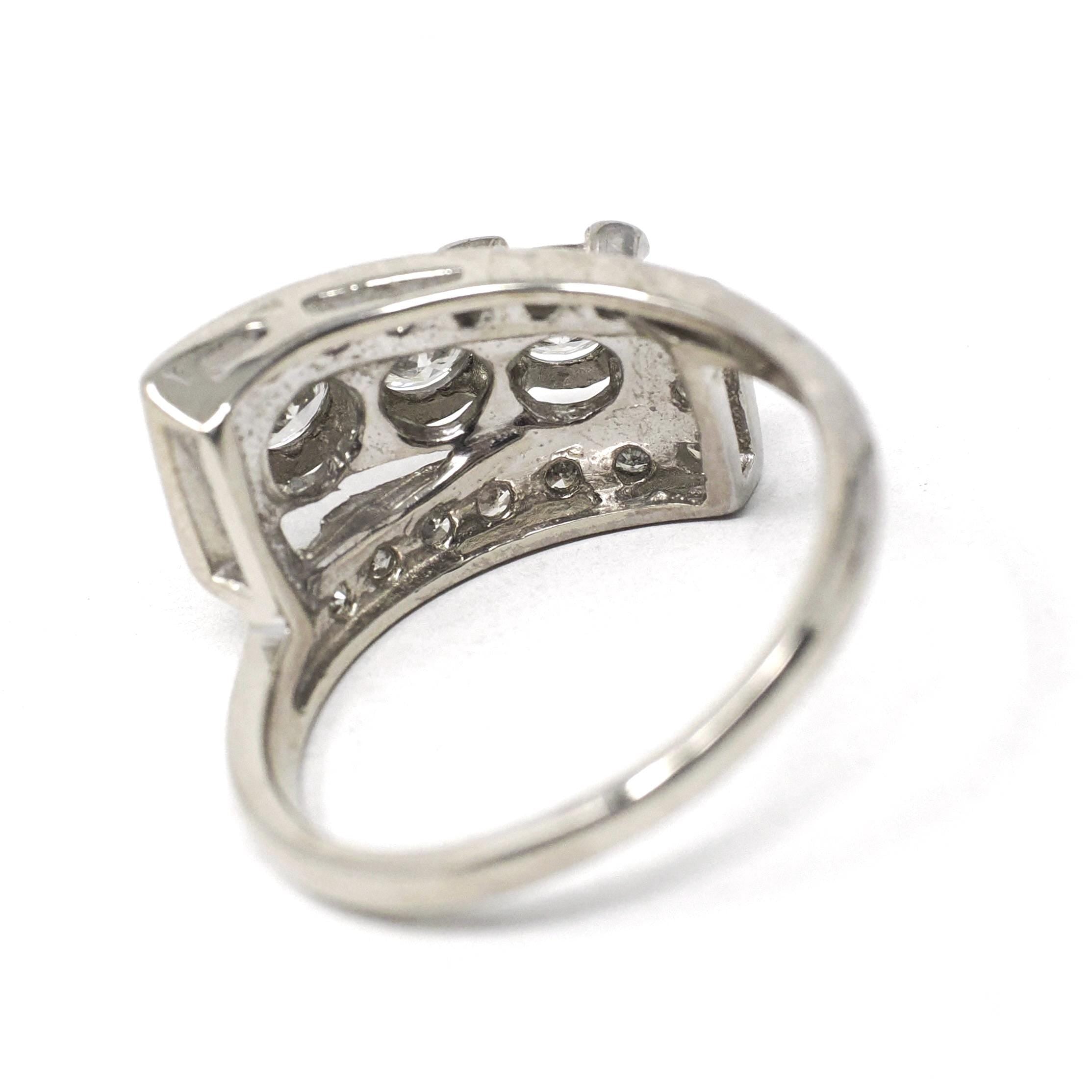 Mid Century Diamond Ring - Vintage 14k White Gold Natural .90 CTW Cocktail Bypass Band - Circa 1950s Era Size 6 1/2 Fine Statement Jewelry