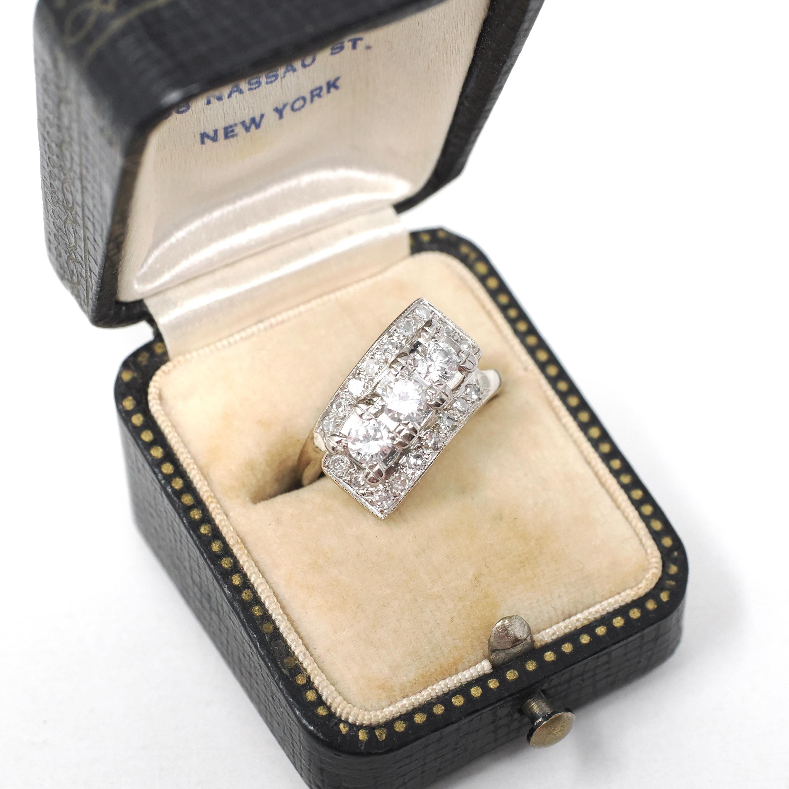 Mid Century Diamond Ring - Vintage 14k White Gold Natural .90 CTW Cocktail Bypass Band - Circa 1950s Era Size 6 1/2 Fine Statement Jewelry