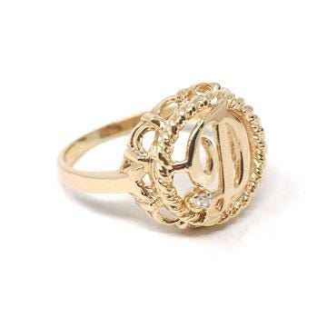 Letter "D" Ring - Estate 14k Yellow Gold Natural Diamond Twisted Rope Design - Vintage Circa 1990s Era Size 4 1/4 Statement 90s Fine Jewelry