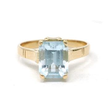 Modern Aquamarine Ring - Estate 18k Yellow Gold Emerald Cut 2.14 CT Blue Gem - Estate Circa 2000s Era Size 5 1/2 March Birthstone Jewelry