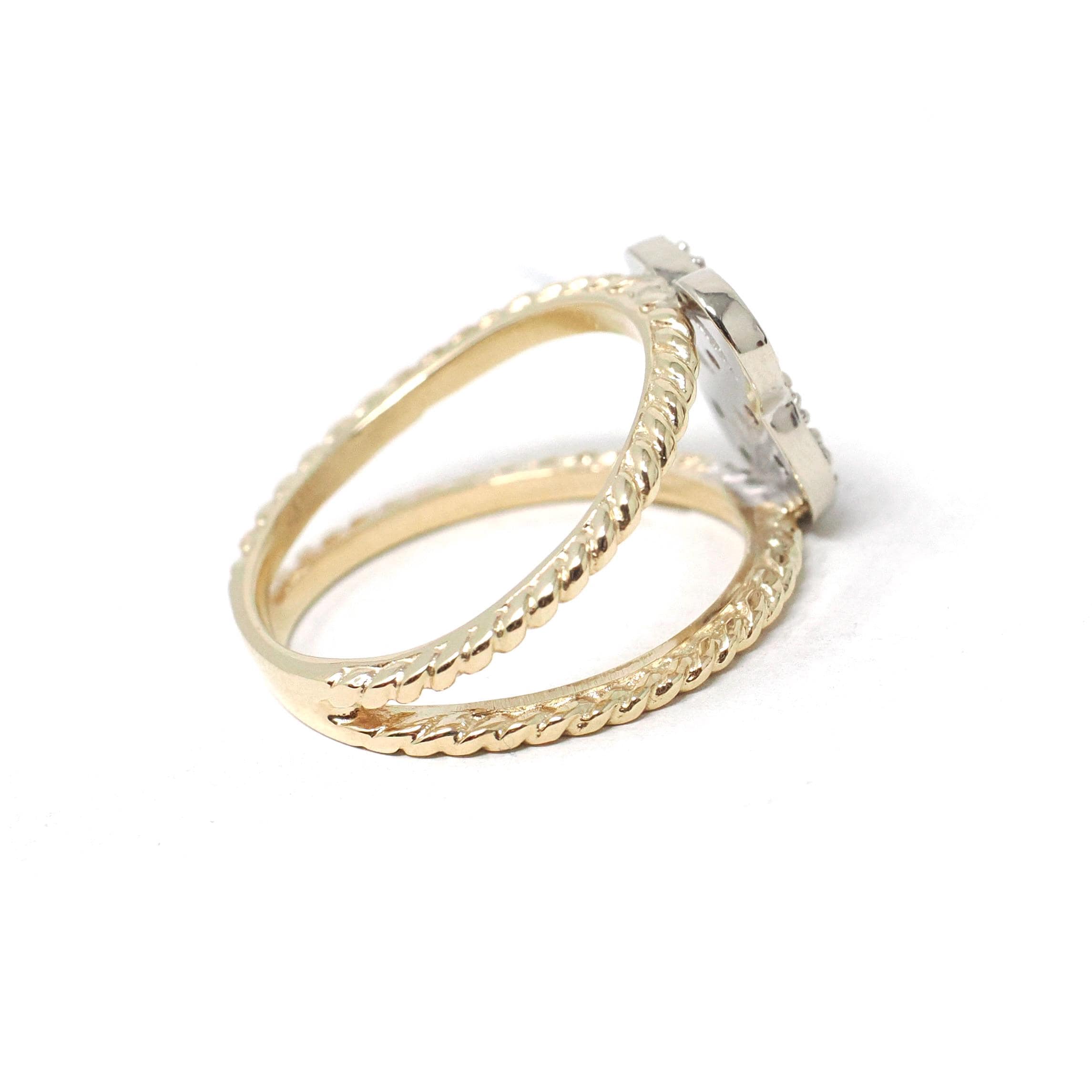 Letter "C" Ring - Estate 14k Yellow & White Gold Initial Monogram Diamonds - Modern Circa 1990s Era Size 5 Statement Twisted Design Jewelry