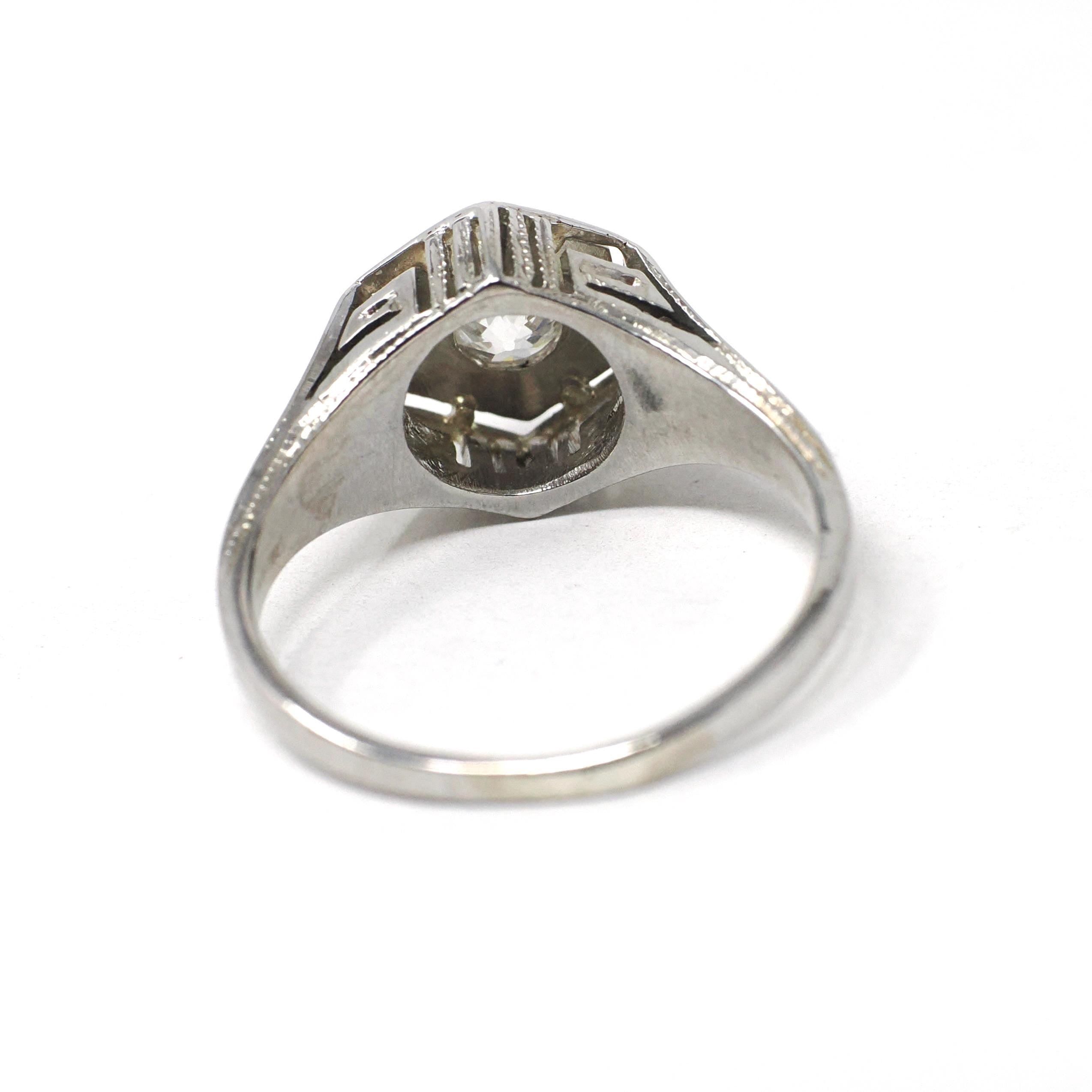 Vintage Diamond Ring - Art Deco 18k White Gold Natural .30 CT Solitaire Engagement - Circa 1930s Size 4 3/4 Hexagonal Filigree Fine Jewelry